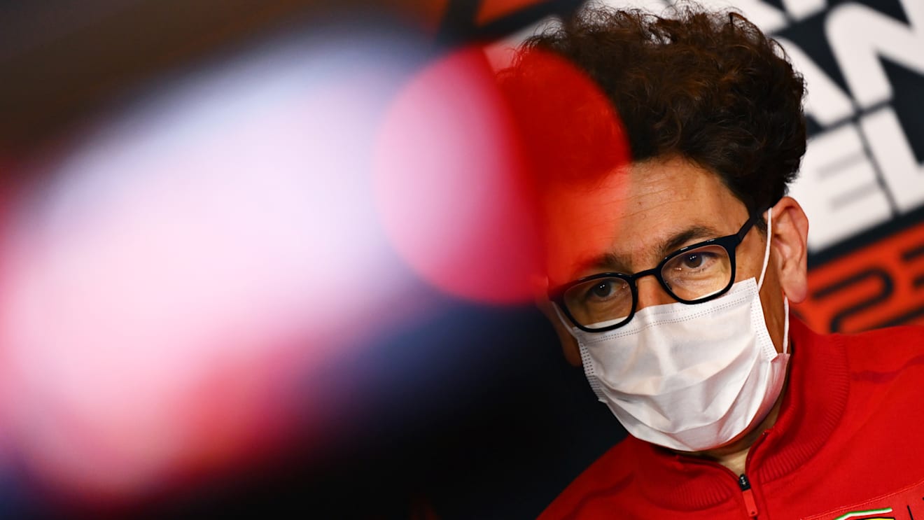 IMOLA, ITALY - APRIL 16: Scuderia Ferrari Team Principal Mattia Binotto talks in the Team Principals Press Conference during practice ahead of the F1 Grand Prix of Emilia Romagna at Autodromo Enzo e Dino Ferrari on April 16, 2021 in Imola, Italy. (Photo by Clive Mason/Getty Images)