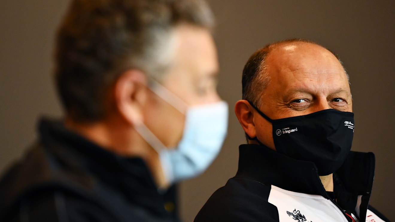 IMOLA, ITALY - APRIL 16: Alfa Romeo Racing Team Principal Frederic Vasseur talks in the Team Principals Press Conference during practice ahead of the F1 Grand Prix of Emilia Romagna at Autodromo Enzo e Dino Ferrari on April 16, 2021 in Imola, Italy. (Photo by Clive Mason/Getty Images)