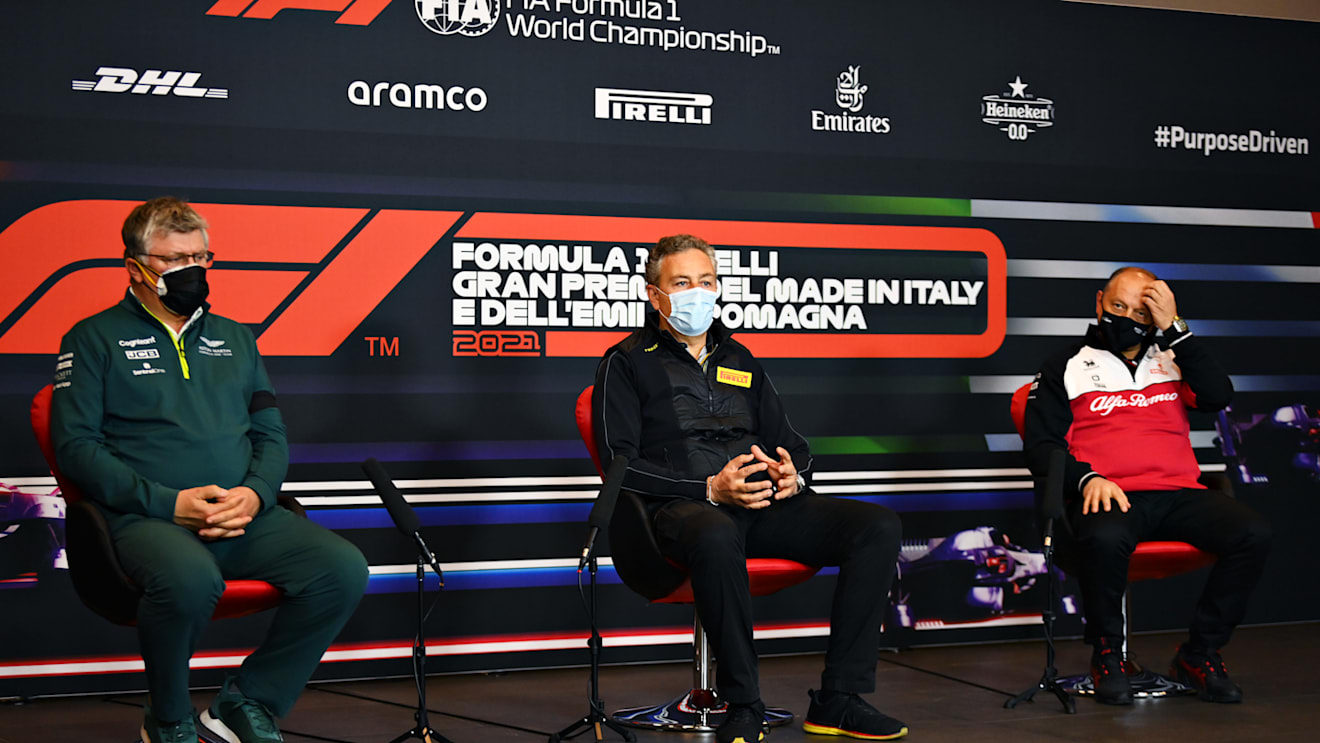 IMOLA, ITALY - APRIL 16: Otmar Szafnauer, Team Principal and Chief Executive Officer of Aston Martin F1 Team, Director of Pirelli F1 Mario Isola and Alfa Romeo Racing Team Principal Frederic Vasseur talk in the Team Principals Press Conference during practice ahead of the F1 Grand Prix of Emilia Romagna at Autodromo Enzo e Dino Ferrari on April 16, 2021 in Imola, Italy. (Photo by Clive Mason/Getty Images)