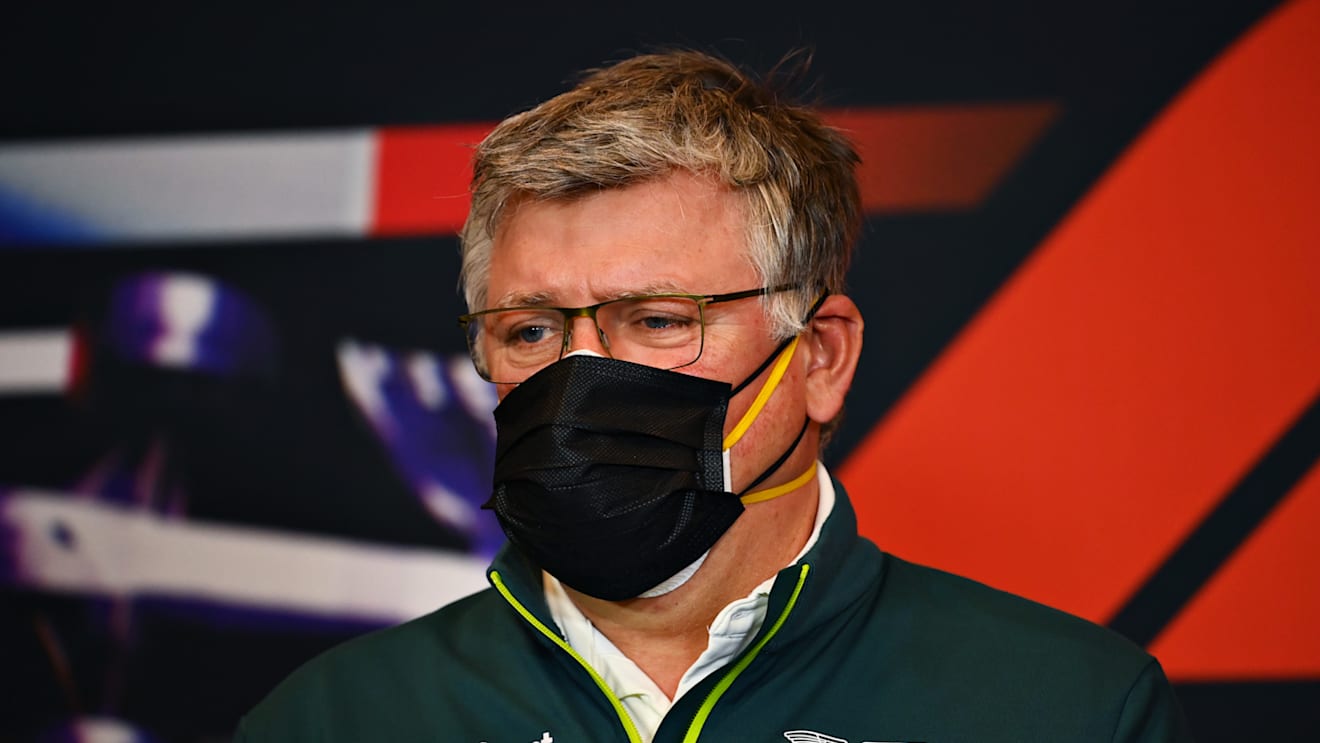 IMOLA, ITALY - APRIL 16: Otmar Szafnauer, Team Principal and Chief Executive Officer of Aston Martin F1 Team talks in the Team Principals Press Conference during practice ahead of the F1 Grand Prix of Emilia Romagna at Autodromo Enzo e Dino Ferrari on April 16, 2021 in Imola, Italy. (Photo by Clive Mason/Getty Images)