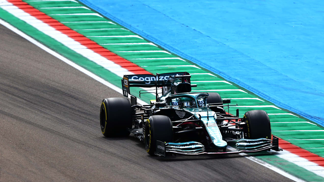IMOLA, ITALY - APRIL 16: Lance Stroll of Canada driving the (18) Aston Martin AMR21 Mercedes on track during practice ahead of the F1 Grand Prix of Emilia Romagna at Autodromo Enzo e Dino Ferrari on April 16, 2021 in Imola, Italy. (Photo by Bryn Lennon/Getty Images)