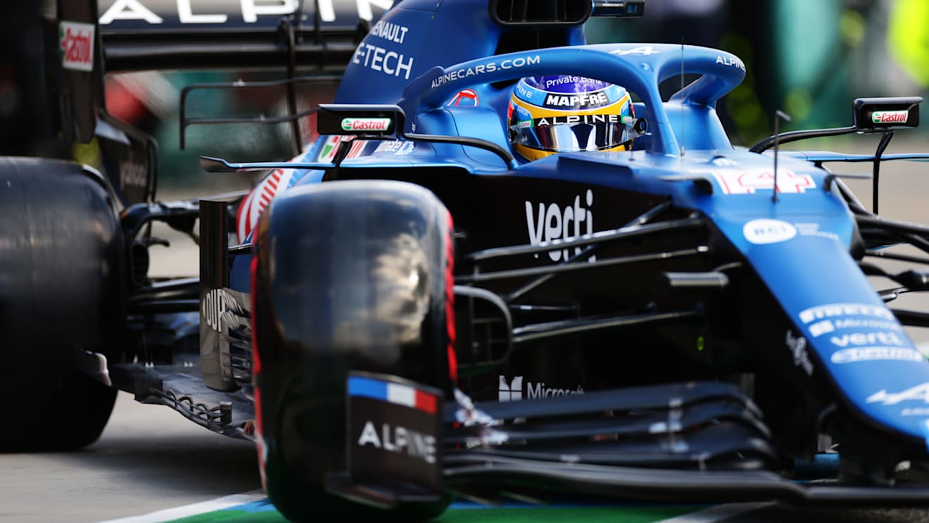 IMOLA, ITALY - APRIL 16: Fernando Alonso of Spain driving the (14) Alpine A521 Renault in the Pitlane during practice ahead of the F1 Grand Prix of Emilia Romagna at Autodromo Enzo e Dino Ferrari on April 16, 2021 in Imola, Italy. (Photo by Peter Fox/Getty Images)