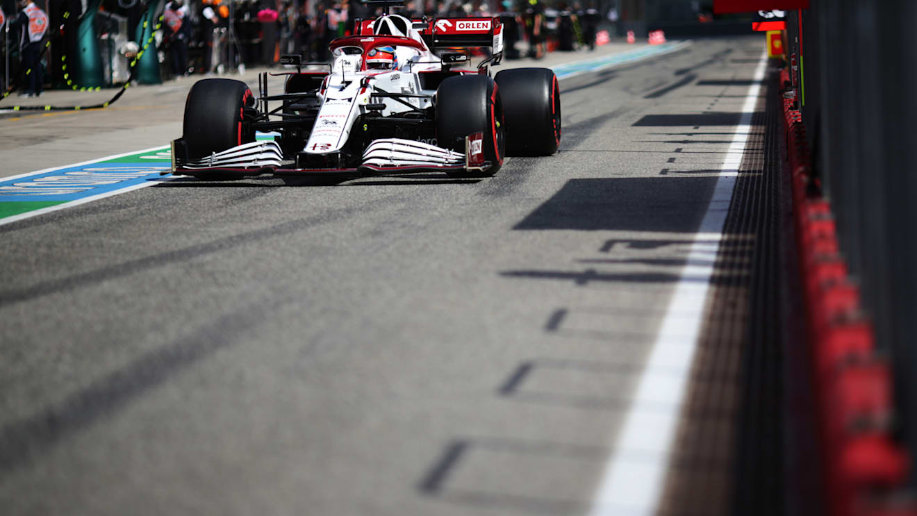 IMOLA, ITALY - APRIL 16: Kimi Raikkonen of Finland driving the (7) Alfa Romeo Racing C41 Ferrari in the Pitlane during practice ahead of the F1 Grand Prix of Emilia Romagna at Autodromo Enzo e Dino Ferrari on April 16, 2021 in Imola, Italy. (Photo by Peter Fox/Getty Images)