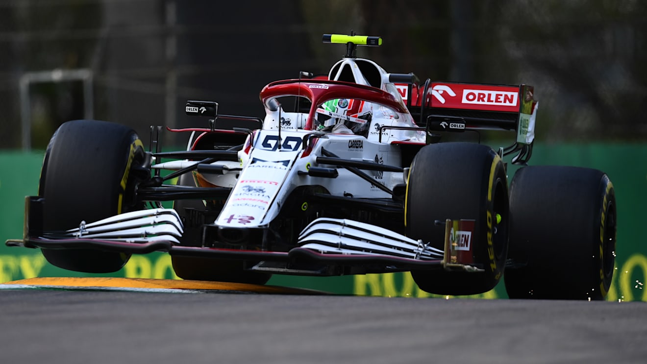 IMOLA, ITALY - APRIL 16: Antonio Giovinazzi of Italy driving the (99) Alfa Romeo Racing C41 Ferrari launches off a raised kerb during practice ahead of the F1 Grand Prix of Emilia Romagna at Autodromo Enzo e Dino Ferrari on April 16, 2021 in Imola, Italy. (Photo by Clive Mason - Formula 1/Formula 1 via Getty Images)