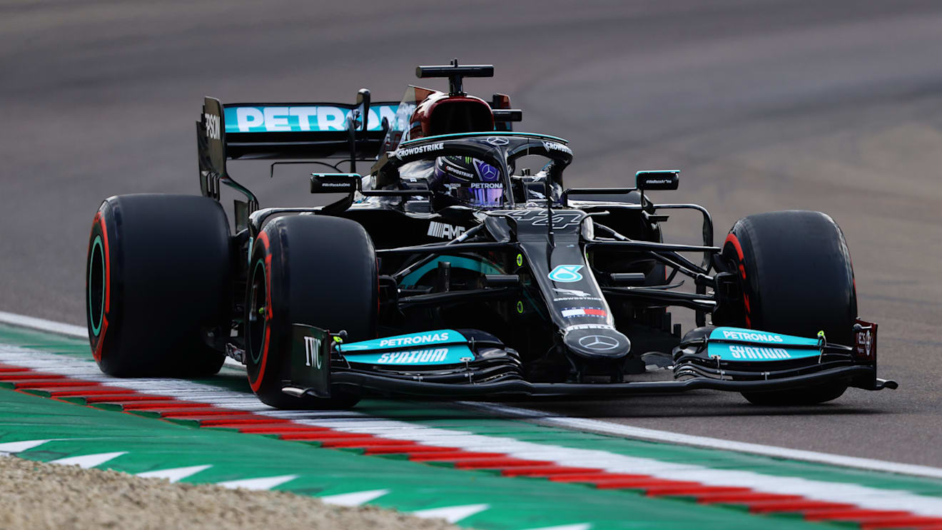 IMOLA, ITALY - APRIL 17: Lewis Hamilton of Great Britain driving the (44) Mercedes AMG Petronas F1 Team Mercedes W12 on track during qualifying ahead of the F1 Grand Prix of Emilia Romagna at Autodromo Enzo e Dino Ferrari on April 17, 2021 in Imola, Italy. (Photo by Bryn Lennon/Getty Images)