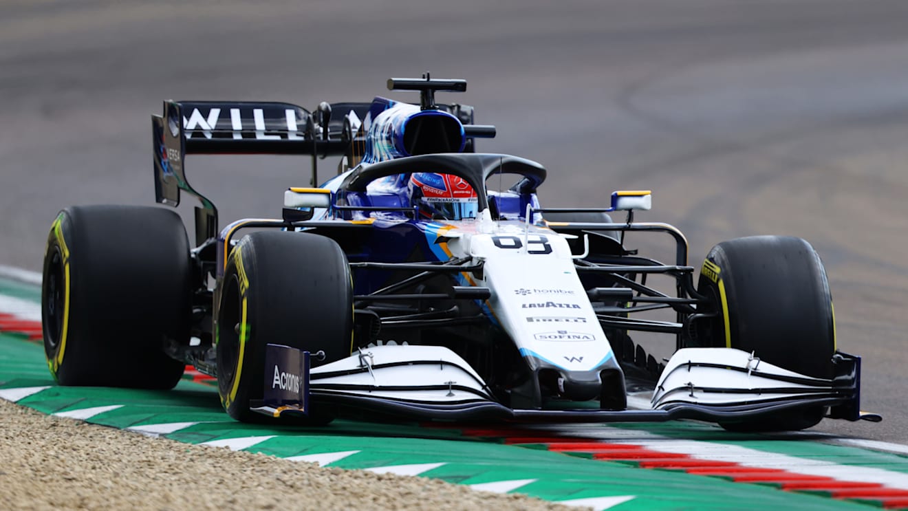 IMOLA, ITALY - APRIL 17: George Russell of Great Britain driving the (63) Williams Racing FW43B Mercedes during qualifying ahead of the F1 Grand Prix of Emilia Romagna at Autodromo Enzo e Dino Ferrari on April 17, 2021 in Imola, Italy. (Photo by Bryn Lennon/Getty Images)