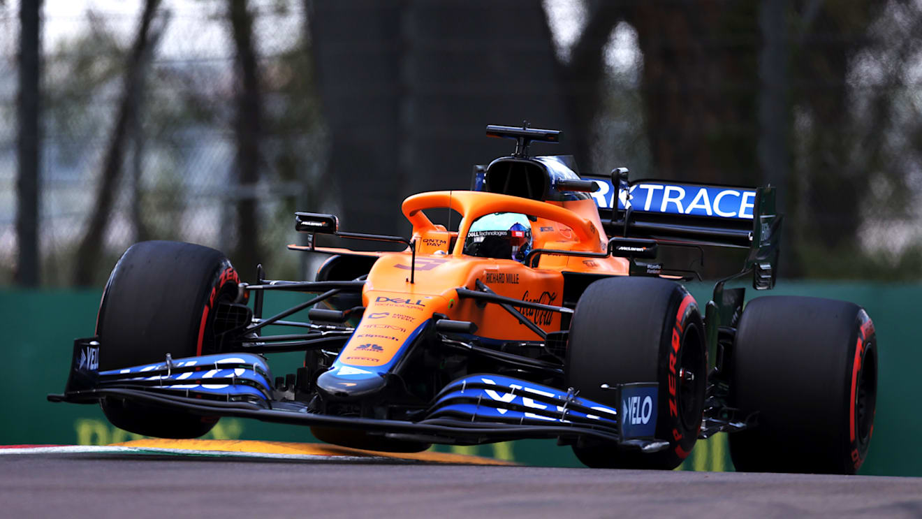 IMOLA, ITALY - APRIL 17: Daniel Ricciardo of Australia driving the (3) McLaren F1 Team MCL35M Mercedes launches off a raised kerb during qualifying ahead of the F1 Grand Prix of Emilia Romagna at Autodromo Enzo e Dino Ferrari on April 17, 2021 in Imola, Italy. (Photo by Lars Baron/Getty Images)