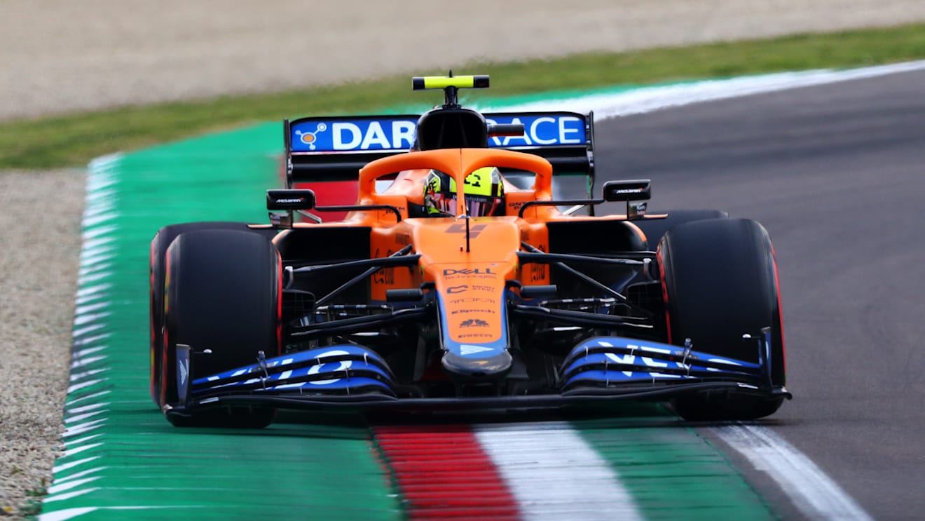 IMOLA, ITALY - APRIL 17: Lando Norris of Great Britain driving the (4) McLaren F1 Team MCL35M Mercedes during qualifying ahead of the F1 Grand Prix of Emilia Romagna at Autodromo Enzo e Dino Ferrari on April 17, 2021 in Imola, Italy. (Photo by Dan Istitene - Formula 1/Formula 1 via Getty Images)
