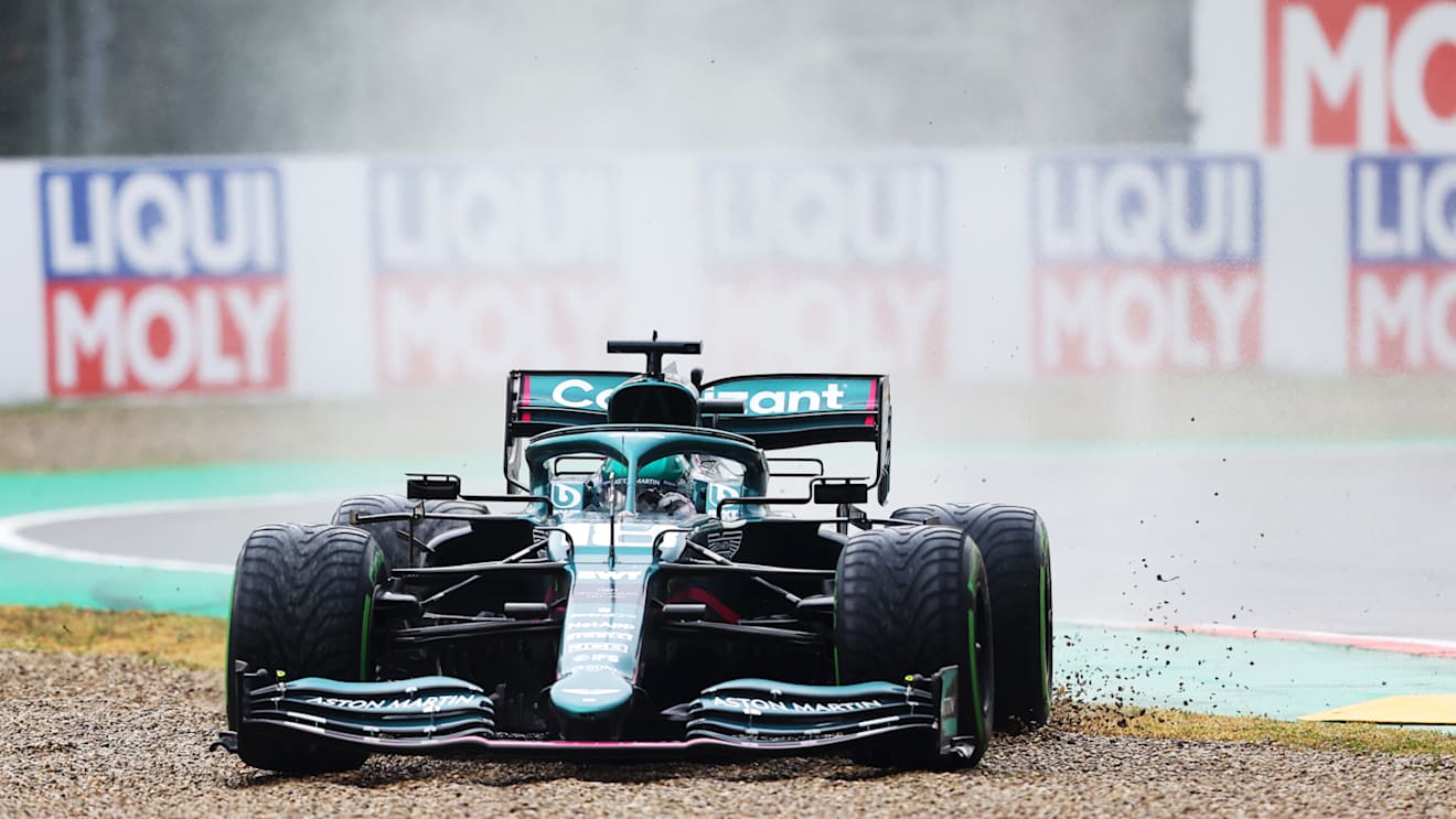 IMOLA, ITALY - APRIL 18: Lance Stroll of Canada driving the (18) Aston Martin AMR21 Mercedes runs wide during the F1 Grand Prix of Emilia Romagna at Autodromo Enzo e Dino Ferrari on April 18, 2021 in Imola, Italy. (Photo by Bryn Lennon/Getty Images)