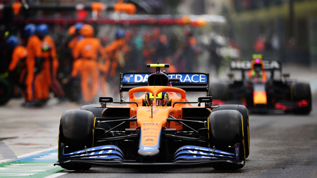 IMOLA, ITALY - APRIL 18: Lando Norris of Great Britain driving the (4) McLaren F1 Team MCL35M Mercedes leaves the pitlane after making a stop during the F1 Grand Prix of Emilia Romagna at Autodromo Enzo e Dino Ferrari on April 18, 2021 in Imola, Italy. (Photo by Peter Fox/Getty Images)