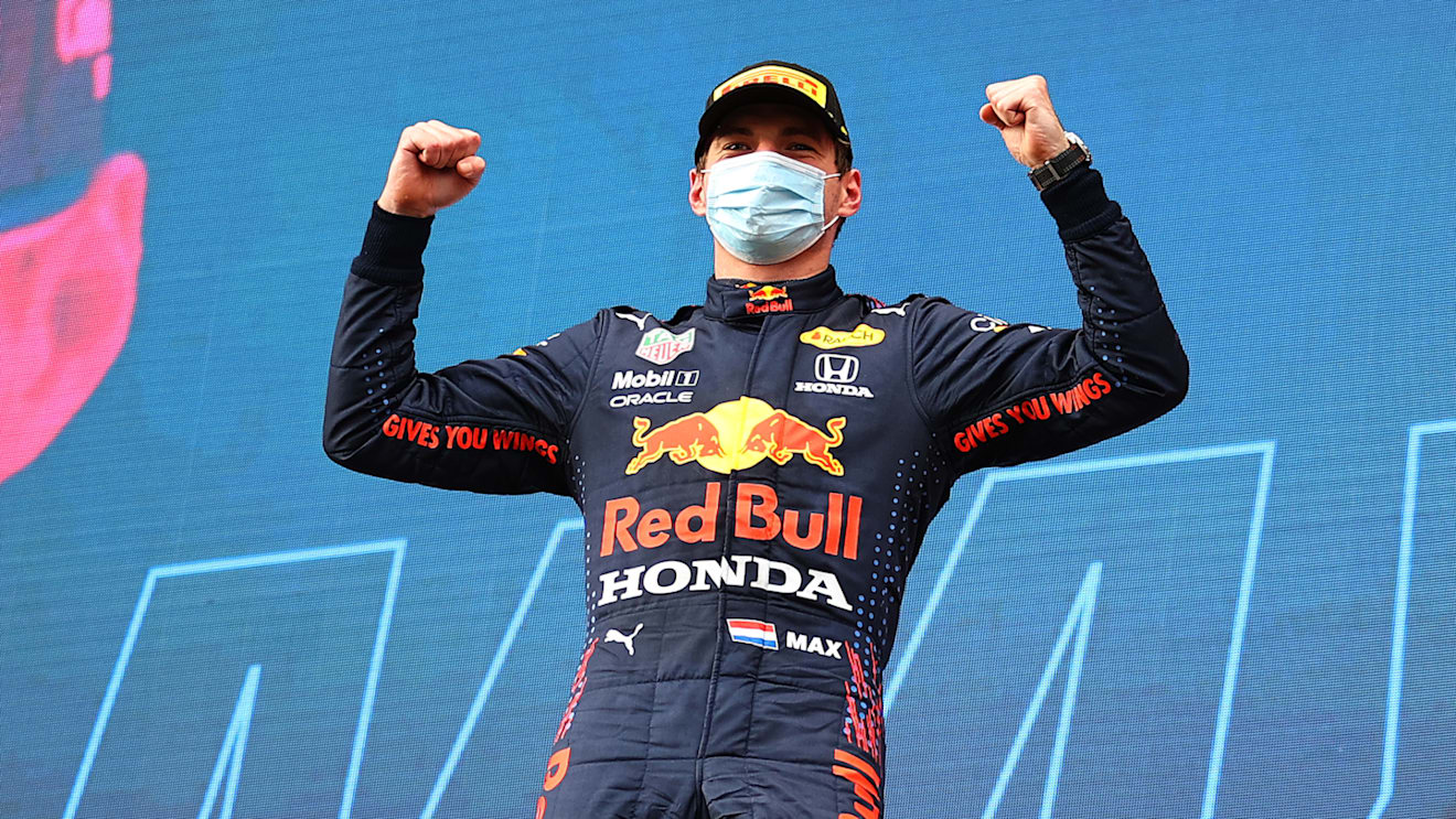 IMOLA, ITALY - APRIL 18: Race winner Max Verstappen of Netherlands and Red Bull Racing celebrates on the podium during the F1 Grand Prix of Emilia Romagna at Autodromo Enzo e Dino Ferrari on April 18, 2021 in Imola, Italy. (Photo by Bryn Lennon/Getty Images)