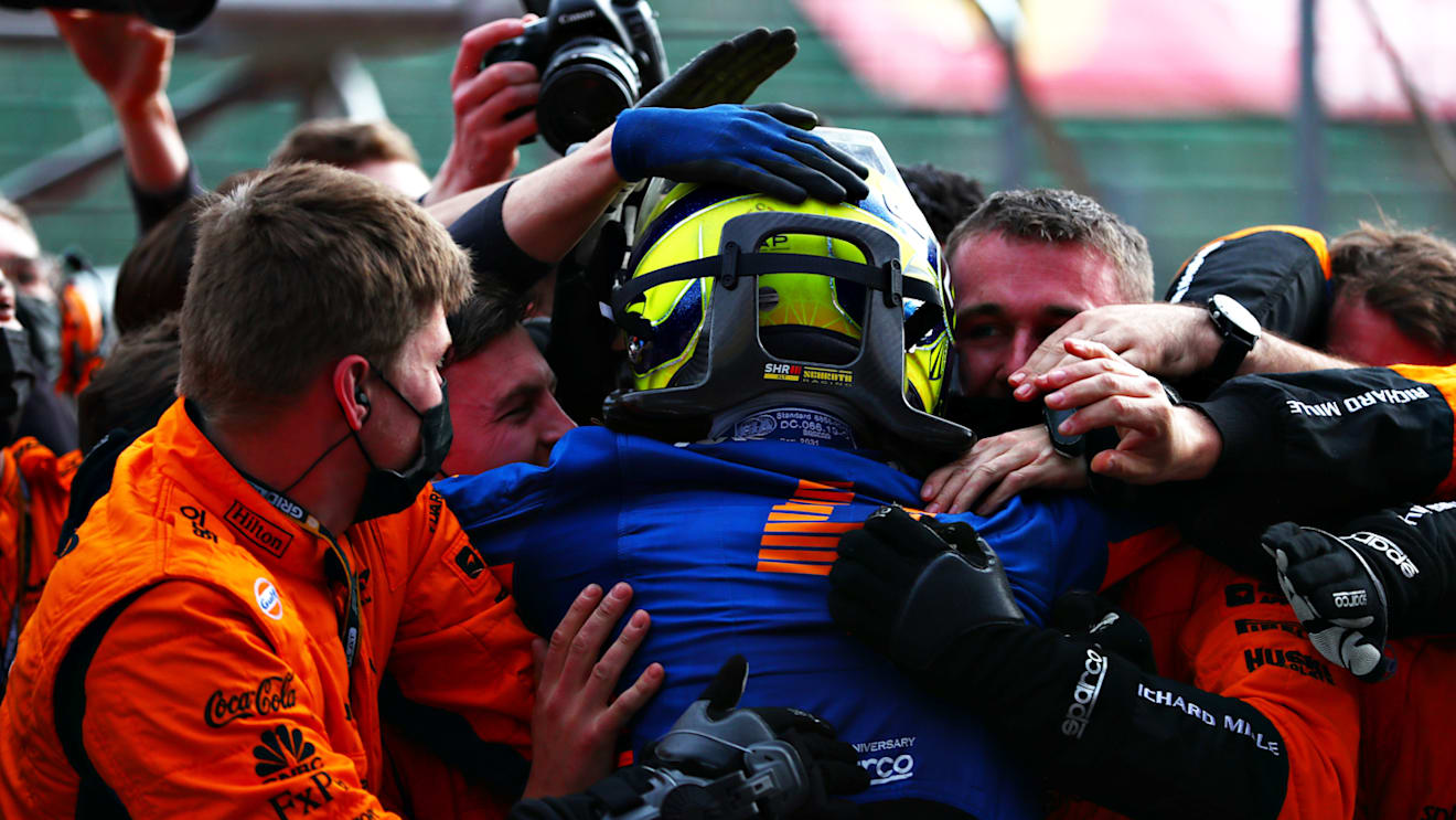 IMOLA, ITALY - APRIL 18: Third placed Lando Norris of Great Britain and McLaren F1 celebrates in parc ferme with his team during the F1 Grand Prix of Emilia Romagna at Autodromo Enzo e Dino Ferrari on April 18, 2021 in Imola, Italy. (Photo by Dan Istitene - Formula 1/Formula 1 via Getty Images)