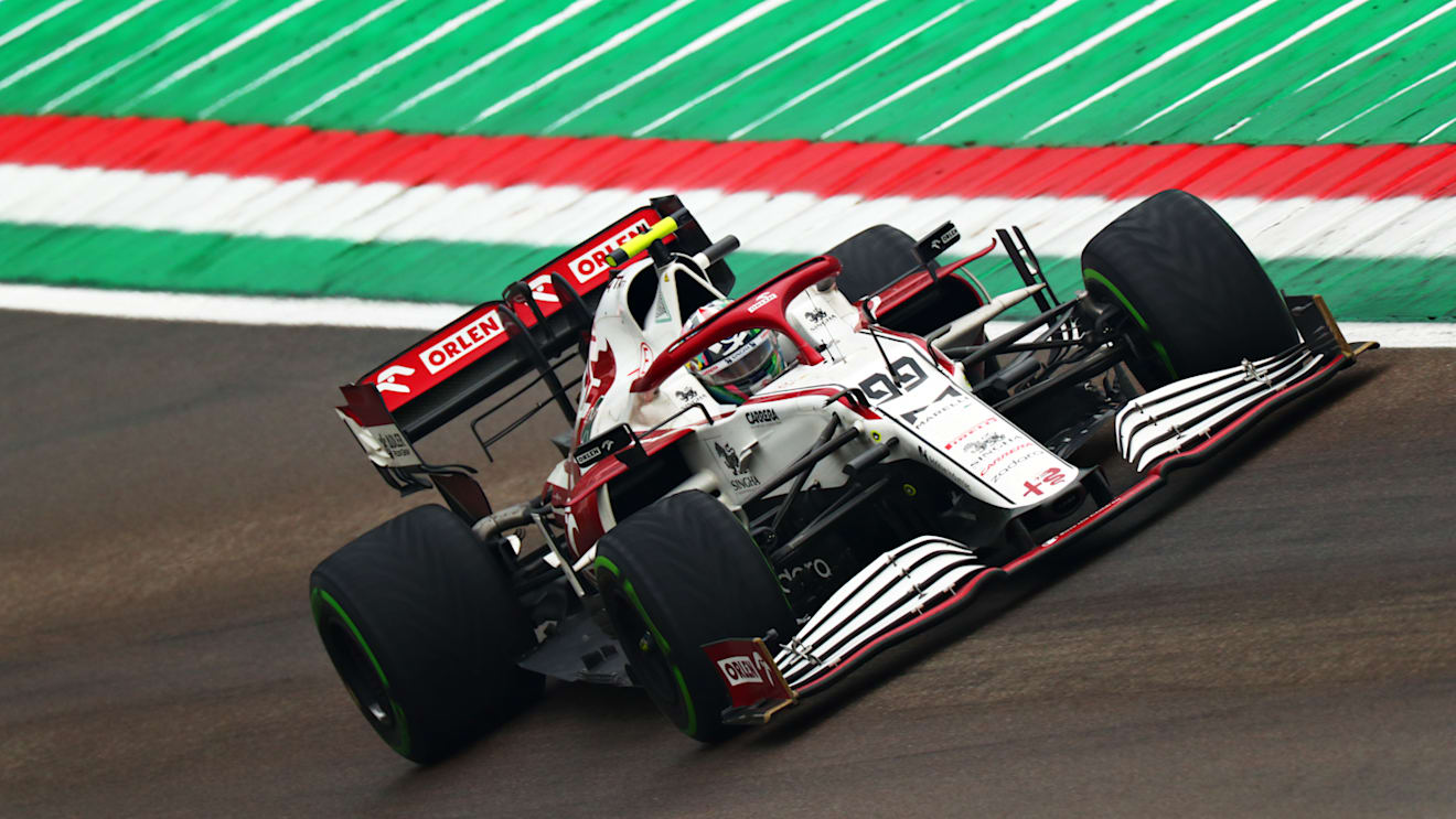 IMOLA, ITALY - APRIL 18: Antonio Giovinazzi of Italy driving the (99) Alfa Romeo Racing C41 Ferrari launches off a raised kerb during the F1 Grand Prix of Emilia Romagna at Autodromo Enzo e Dino Ferrari on April 18, 2021 in Imola, Italy. (Photo by Dan Istitene - Formula 1/Formula 1 via Getty Images)