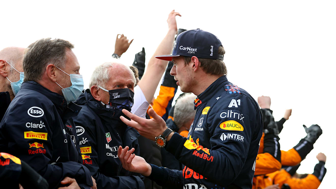 IMOLA, ITALY - APRIL 18: Race winner Max Verstappen of Netherlands and Red Bull Racing talks with Red Bull Racing Team Principal Christian Horner and Red Bull Racing Team Consultant Dr Helmut Marko in parc ferme after the F1 Grand Prix of Emilia Romagna at Autodromo Enzo e Dino Ferrari on April 18, 2021 in Imola, Italy. (Photo by Bryn Lennon/Getty Images)