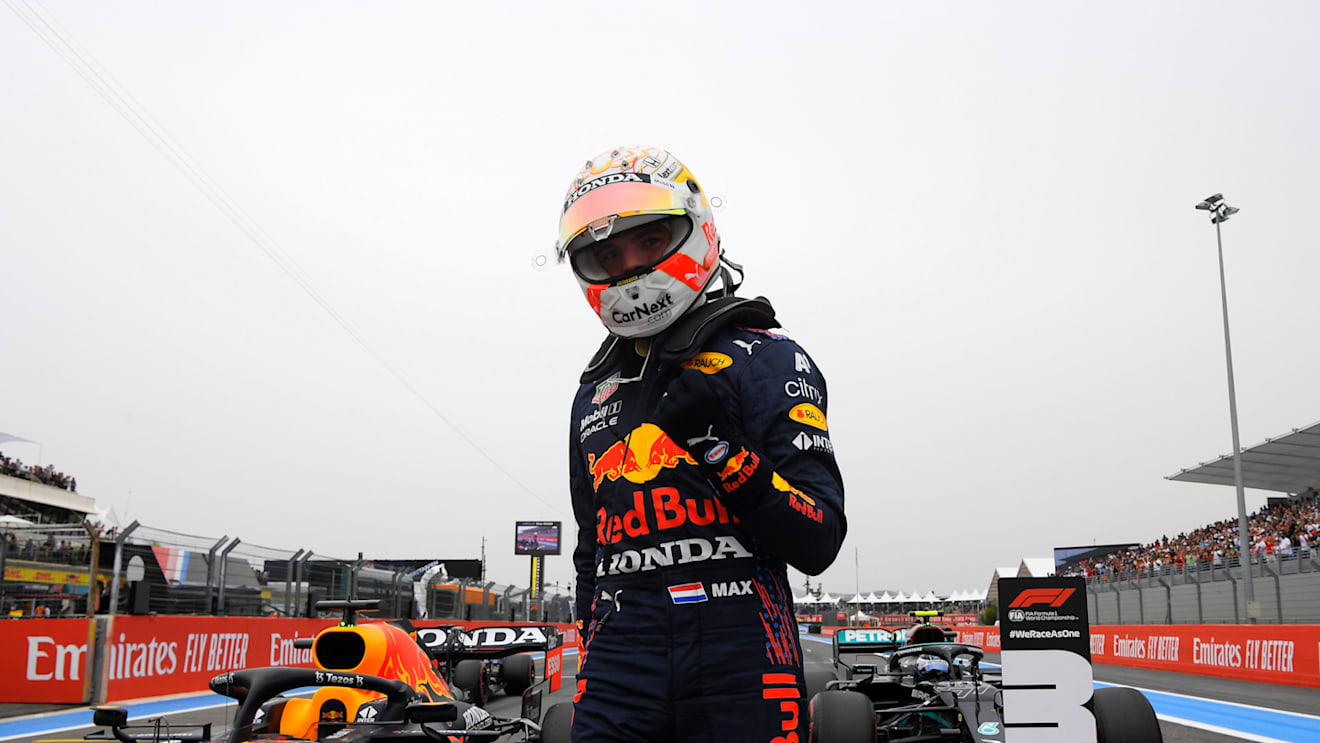 LE CASTELLET, FRANCE - JUNE 19: Pole position qualifier Max Verstappen of Netherlands and Red Bull Racing celebrates in parc ferme during qualifying ahead of the F1 Grand Prix of France at Circuit Paul Ricard on June 19, 2021 in Le Castellet, France. (Photo by Nicolas Tucat - Pool/Getty Images)