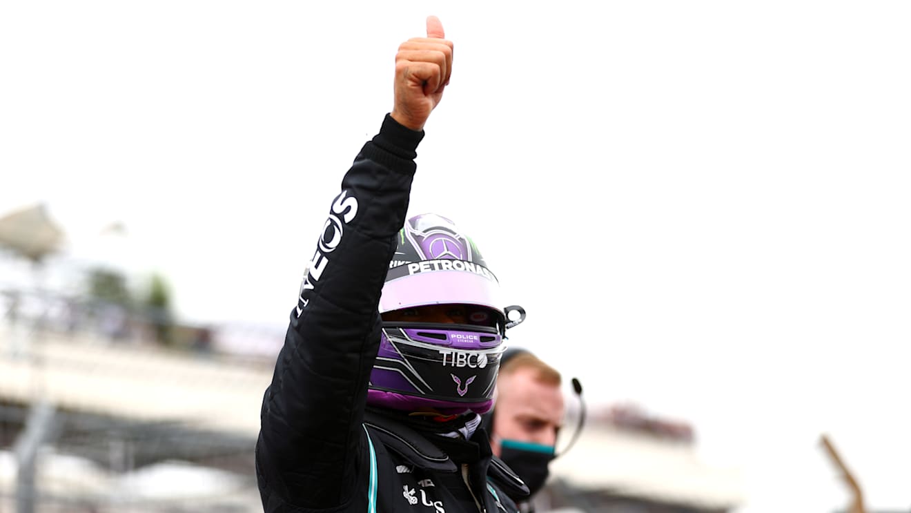 LE CASTELLET, FRANCE - JUNE 19: Second placed qualifier Lewis Hamilton of Great Britain and Mercedes GP celebrates in parc ferme during qualifying ahead of the F1 Grand Prix of France at Circuit Paul Ricard on June 19, 2021 in Le Castellet, France. (Photo by Dan Istitene - Formula 1/Formula 1 via Getty Images)