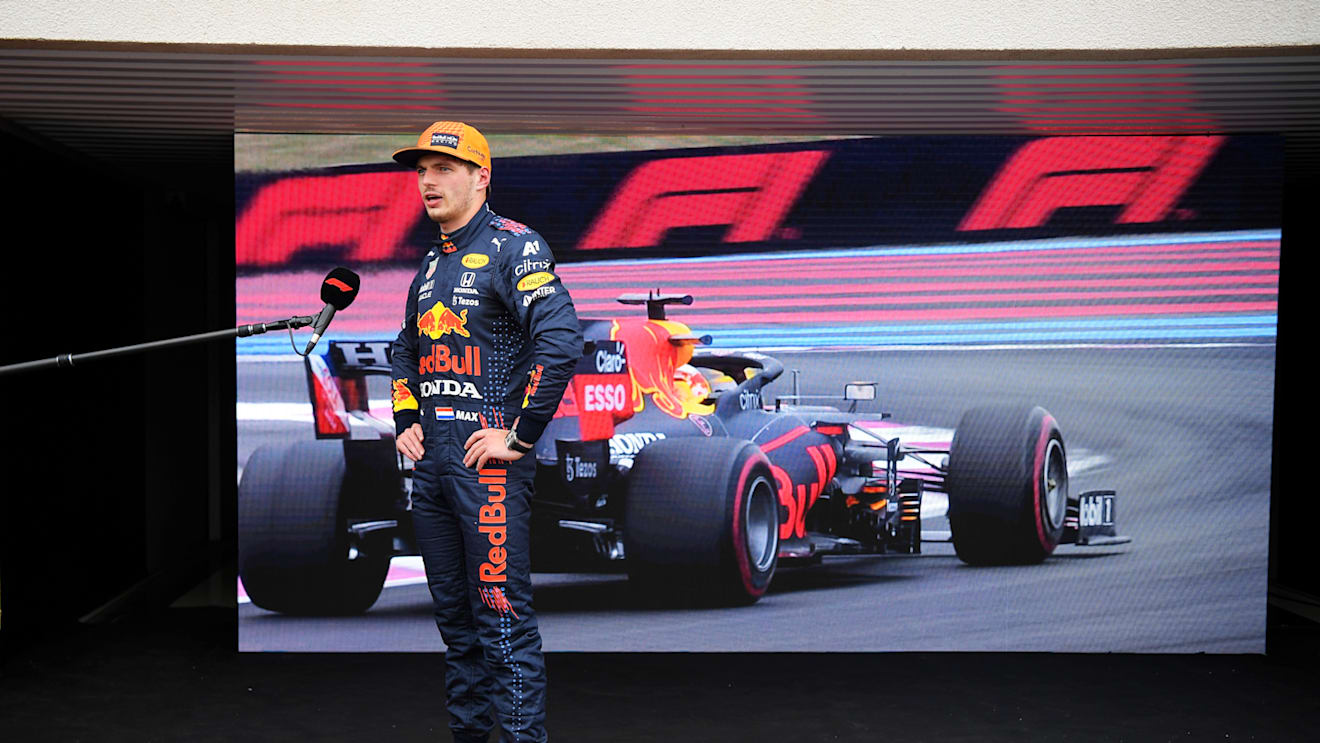 LE CASTELLET, FRANCE - JUNE 19: Pole position qualifier Max Verstappen of Netherlands and Red Bull Racing is interviewed after qualifying ahead of the F1 Grand Prix of France at Circuit Paul Ricard on June 19, 2021 in Le Castellet, France. (Photo by Nicolas Tucat - Pool/Getty Images)