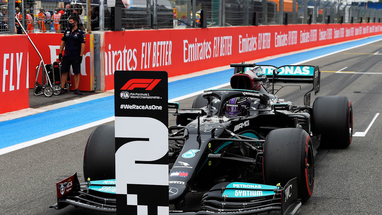 LE CASTELLET, FRANCE - JUNE 19: Second placed qualifier Lewis Hamilton of Great Britain and Mercedes GP stops in parc ferme during qualifying ahead of the F1 Grand Prix of France at Circuit Paul Ricard on June 19, 2021 in Le Castellet, France. (Photo by Nicolas Tucat - Pool/Getty Images)