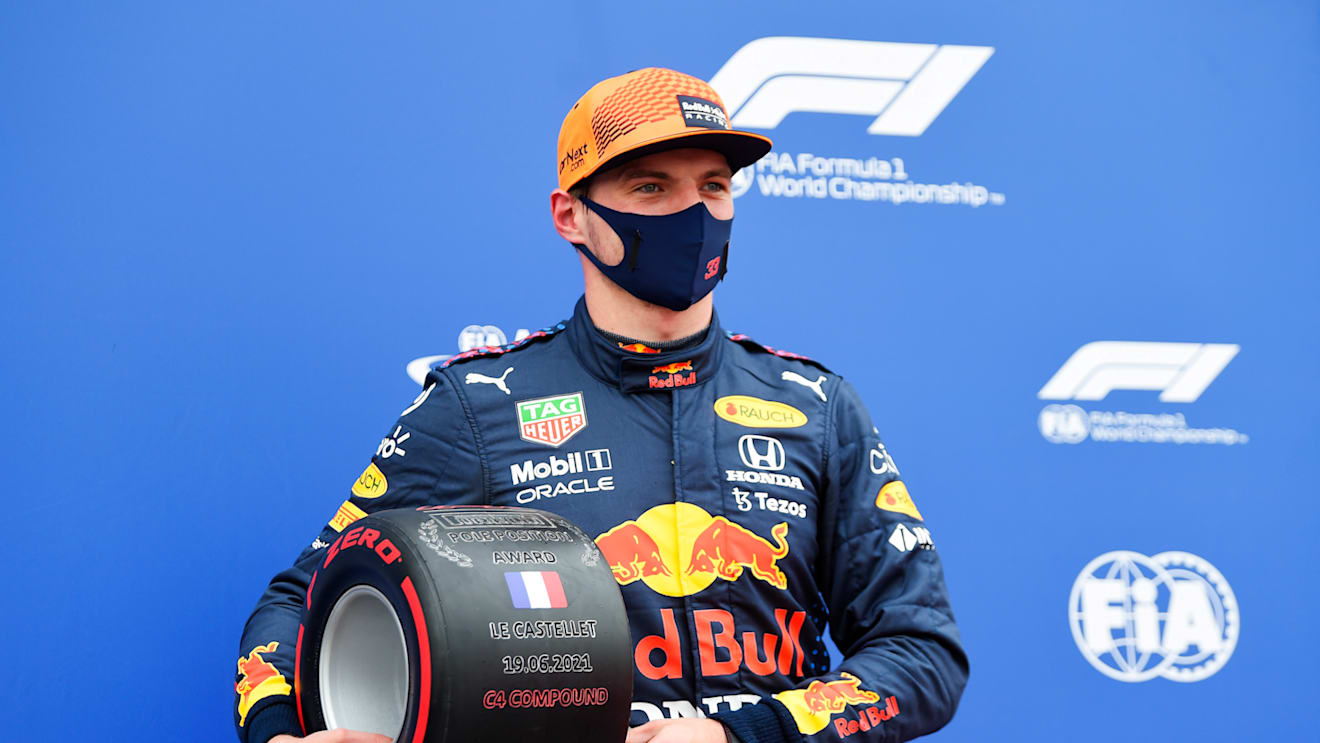 LE CASTELLET, FRANCE - JUNE 19: Pole position qualifier Max Verstappen of Netherlands and Red Bull Racing poses for a photo with the pole position award after qualifying ahead of the F1 Grand Prix of France at Circuit Paul Ricard on June 19, 2021 in Le Castellet, France. (Photo by Nicolas Tucat - Pool/Getty Images)