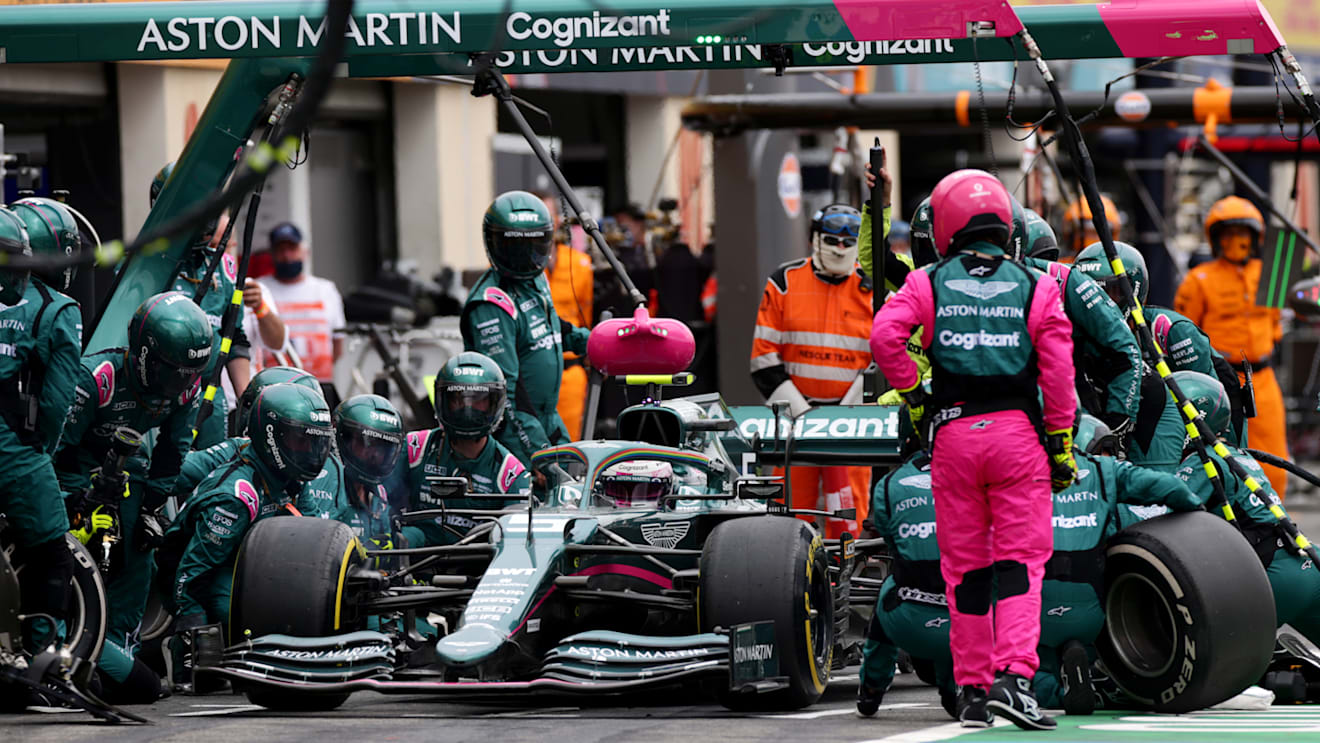 LE CASTELLET, FRANCE - JUNE 20: Sebastian Vettel of Germany driving the (5) Aston Martin AMR21 Mercedes makes a pitstop during the F1 Grand Prix of France at Circuit Paul Ricard on June 20, 2021 in Le Castellet, France. (Photo by Peter Fox/Getty Images)