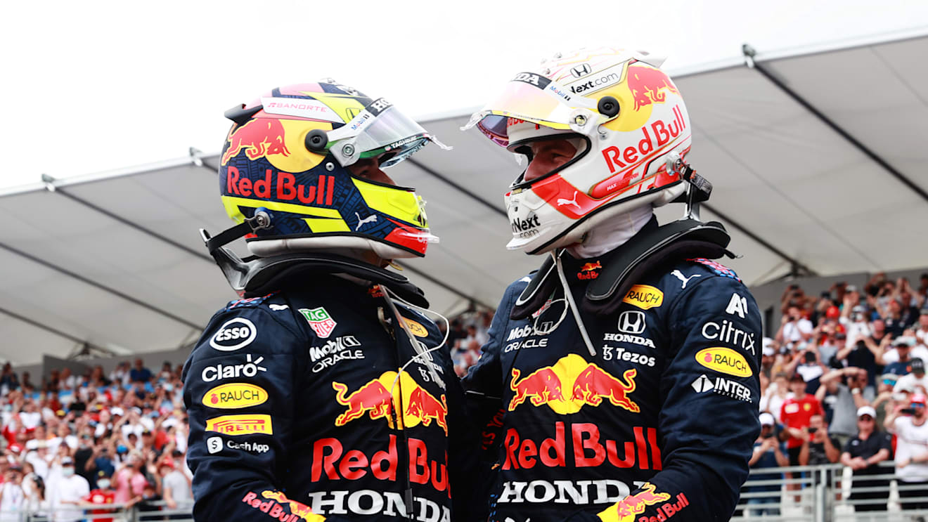 LE CASTELLET, FRANCE - JUNE 20: Race winner Max Verstappen of Netherlands and Red Bull Racing and third placed Sergio Perez of Mexico and Red Bull Racing celebrate in parc ferme during the F1 Grand Prix of France at Circuit Paul Ricard on June 20, 2021 in Le Castellet, France. (Photo by Mark Thompson/Getty Images)