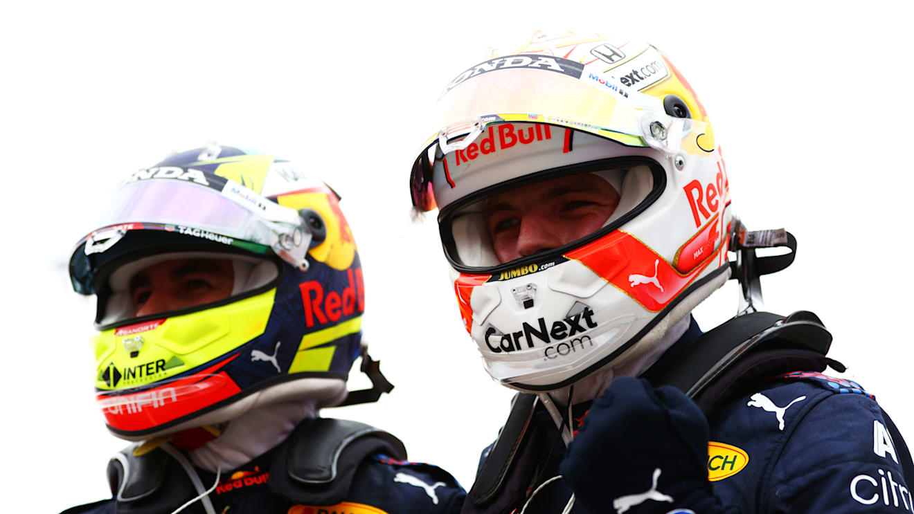 LE CASTELLET, FRANCE - JUNE 20: Race winner Max Verstappen of Netherlands and Red Bull Racing and third placed Sergio Perez of Mexico and Red Bull Racing celebrate in parc ferme during the F1 Grand Prix of France at Circuit Paul Ricard on June 20, 2021 in Le Castellet, France. (Photo by Dan Istitene - Formula 1/Formula 1 via Getty Images)
