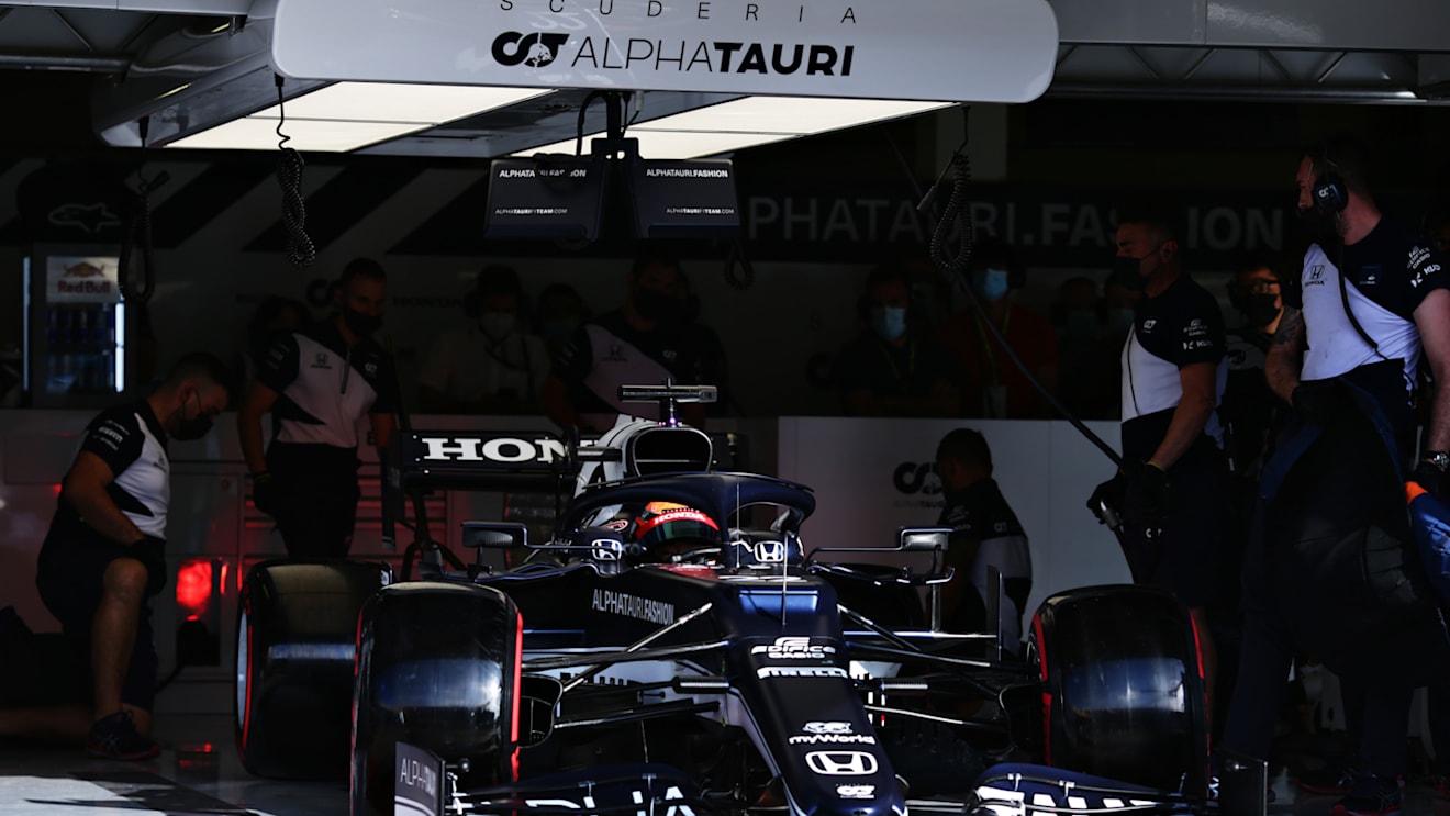 NORTHAMPTON, ENGLAND - JULY 16: Yuki Tsunoda of Japan driving the (22) Scuderia AlphaTauri AT02 Honda leaves the garage during qualifying ahead of the F1 Grand Prix of Great Britain at Silverstone on July 16, 2021 in Northampton, England. (Photo by Peter Fox/Getty Images)