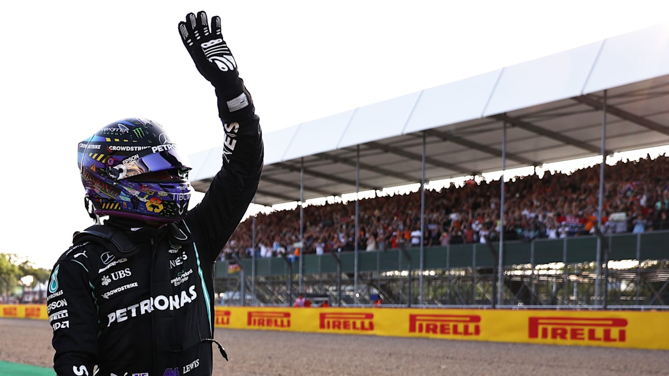 NORTHAMPTON, ENGLAND - JULY 16: Fastest qualifier Lewis Hamilton of Great Britain and Mercedes GP celebrates in parc ferme during qualifying ahead of the F1 Grand Prix of Great Britain at Silverstone on July 16, 2021 in Northampton, England. (Photo by Lars Baron/Getty Images)