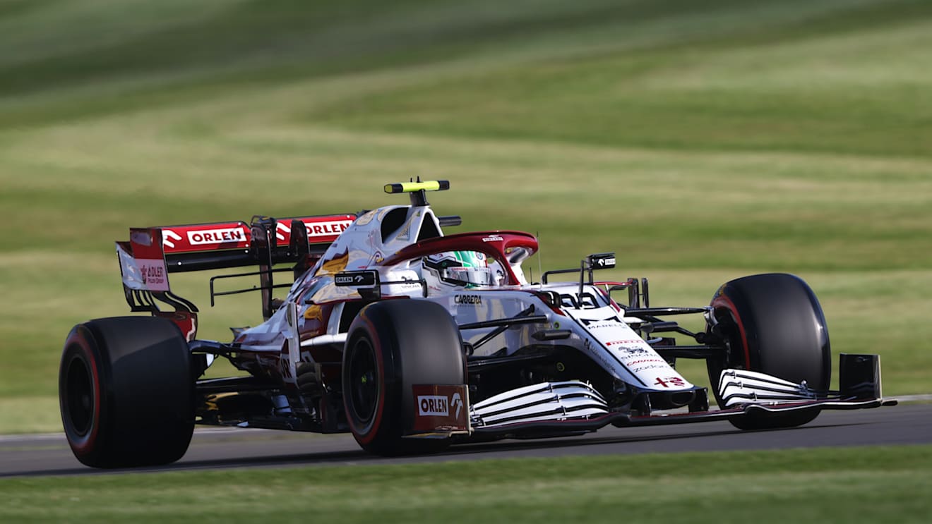 NORTHAMPTON, ENGLAND - JULY 16: Antonio Giovinazzi of Italy driving the (99) Alfa Romeo Racing C41 Ferrari during qualifying ahead of the F1 Grand Prix of Great Britain at Silverstone on July 16, 2021 in Northampton, England. (Photo by Lars Baron/Getty Images)