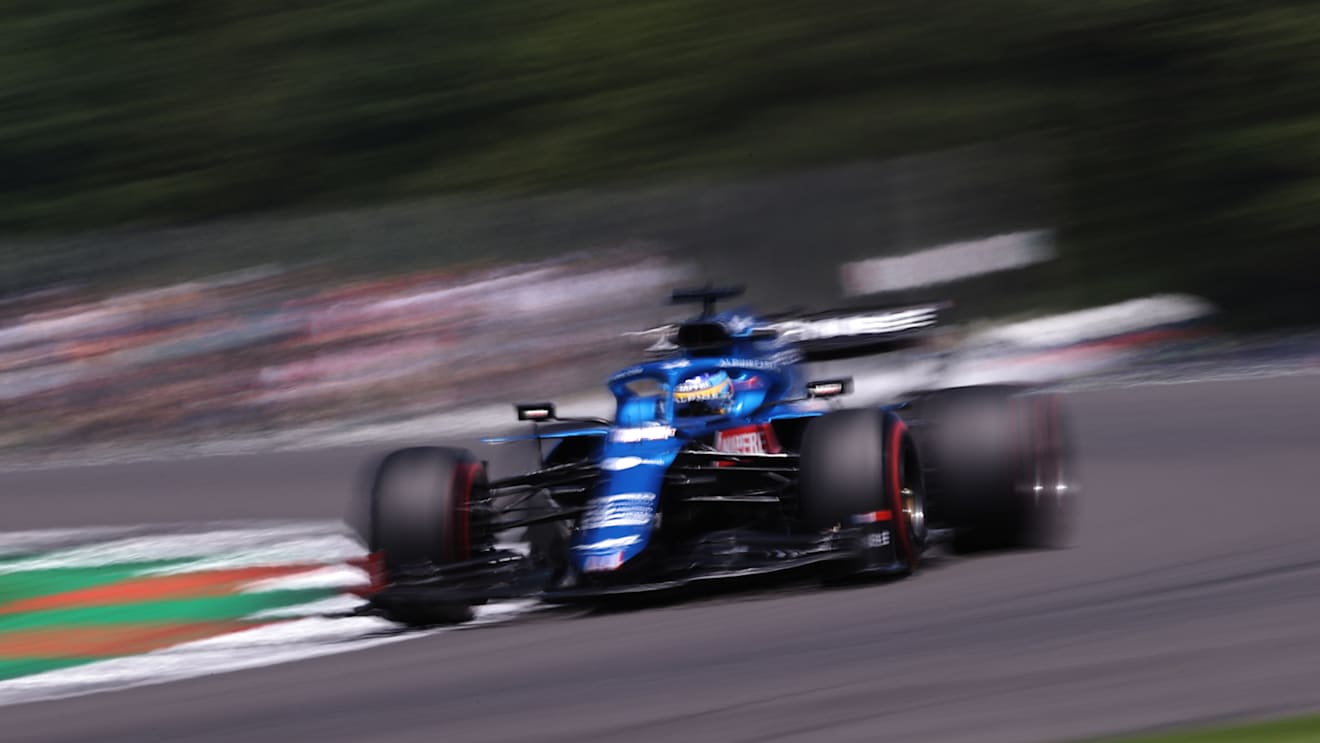 NORTHAMPTON, ENGLAND - JULY 17: Fernando Alonso of Spain driving the (14) Alpine A521 Renault during practice ahead of the F1 Grand Prix of Great Britain at Silverstone on July 17, 2021 in Northampton, England. (Photo by Lars Baron/Getty Images)