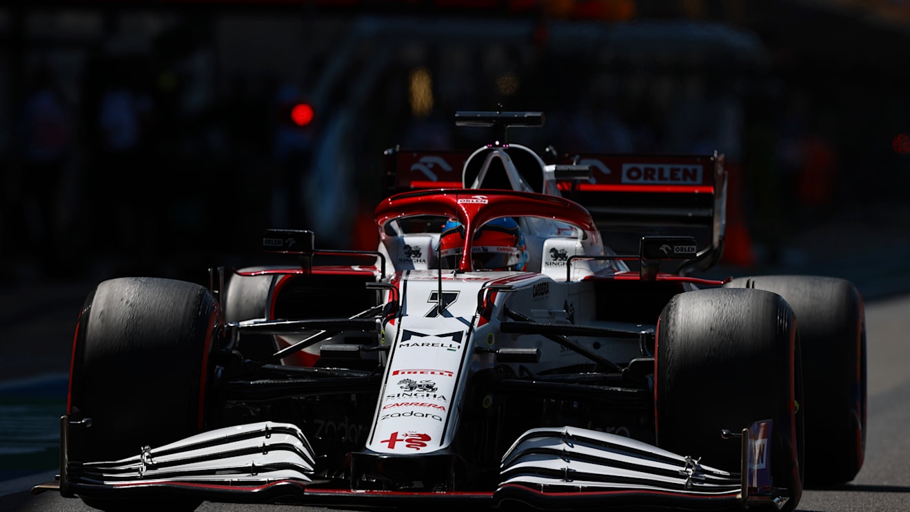 NORTHAMPTON, ENGLAND - JULY 17: Kimi Raikkonen of Finland driving the (7) Alfa Romeo Racing C41 Ferrari in the Pitlane during practice ahead of the F1 Grand Prix of Great Britain at Silverstone on July 17, 2021 in Northampton, England. (Photo by Mark Thompson/Getty Images)