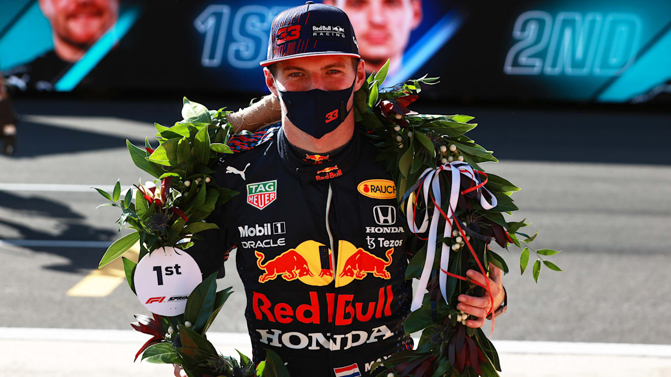 NORTHAMPTON, ENGLAND - JULY 17: Winner Max Verstappen of Netherlands and Red Bull Racing celebrates in parc ferme during the Sprint for the F1 Grand Prix of Great Britain at Silverstone on July 17, 2021 in Northampton, England. (Photo by Mark Thompson/Getty Images)
