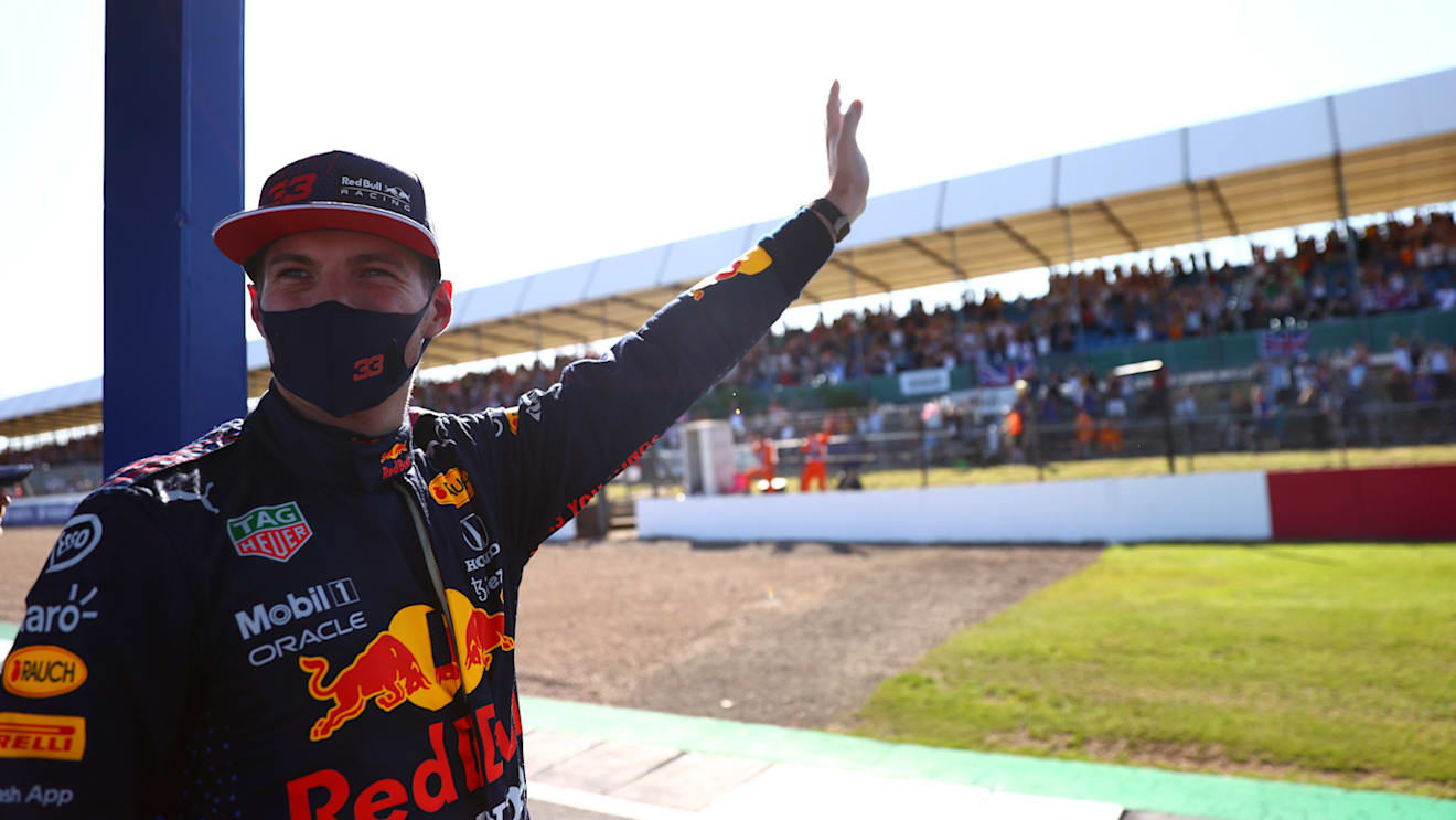 NORTHAMPTON, ENGLAND - JULY 17: Winner Max Verstappen of Netherlands and Red Bull Racing waves to the crowd on the Victory Lap during the Sprint for the F1 Grand Prix of Great Britain at Silverstone on July 17, 2021 in Northampton, England. (Photo by Dan Istitene - Formula 1/Formula 1 via Getty Images)