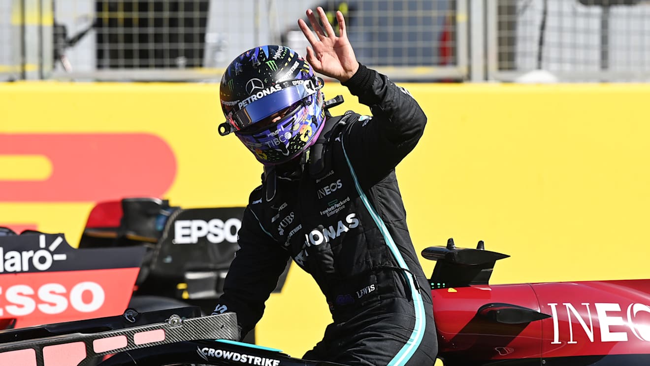 NORTHAMPTON, ENGLAND - JULY 17: Second placed Lewis Hamilton of Great Britain and Mercedes GP celebrates in parc ferme during the Sprint for the F1 Grand Prix of Great Britain at Silverstone on July 17, 2021 in Northampton, England. (Photo by Michael Regan/Getty Images)