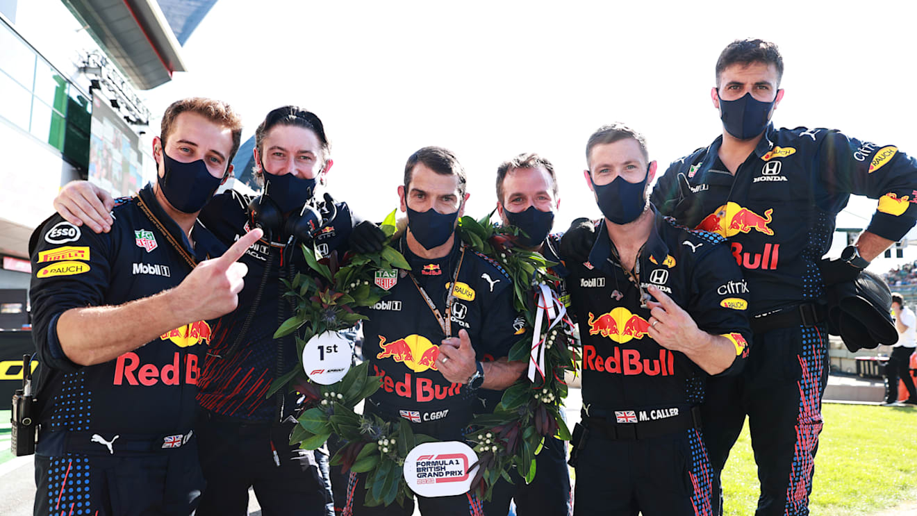 NORTHAMPTON, ENGLAND - JULY 17: The Red Bull Racing team celebrate after the Sprint for the F1 Grand Prix of Great Britain at Silverstone on July 17, 2021 in Northampton, England. (Photo by Mark Thompson/Getty Images)