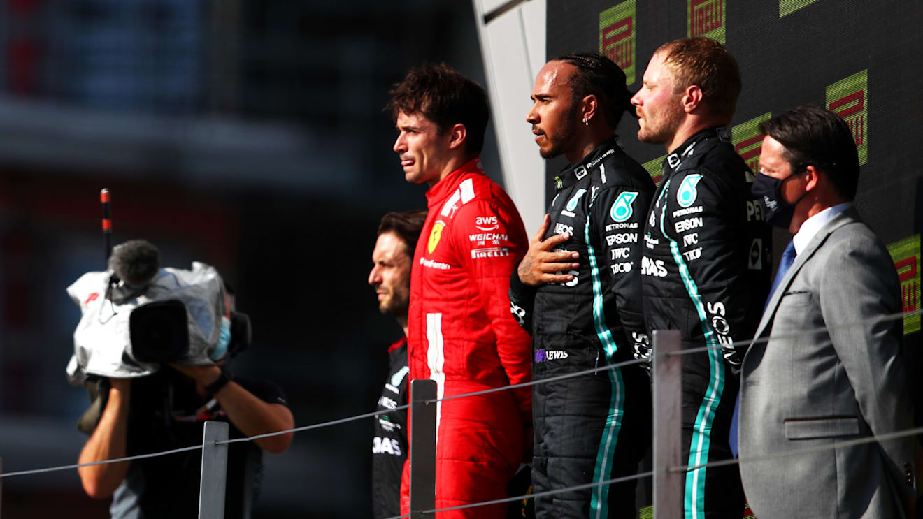 NORTHAMPTON, ENGLAND - JULY 18: Race winner Lewis Hamilton of Great Britain and Mercedes GP celebrates on the podium during the F1 Grand Prix of Great Britain at Silverstone on July 18, 2021 in Northampton, England. (Photo by Joe Portlock - Formula 1/Formula 1 via Getty Images)