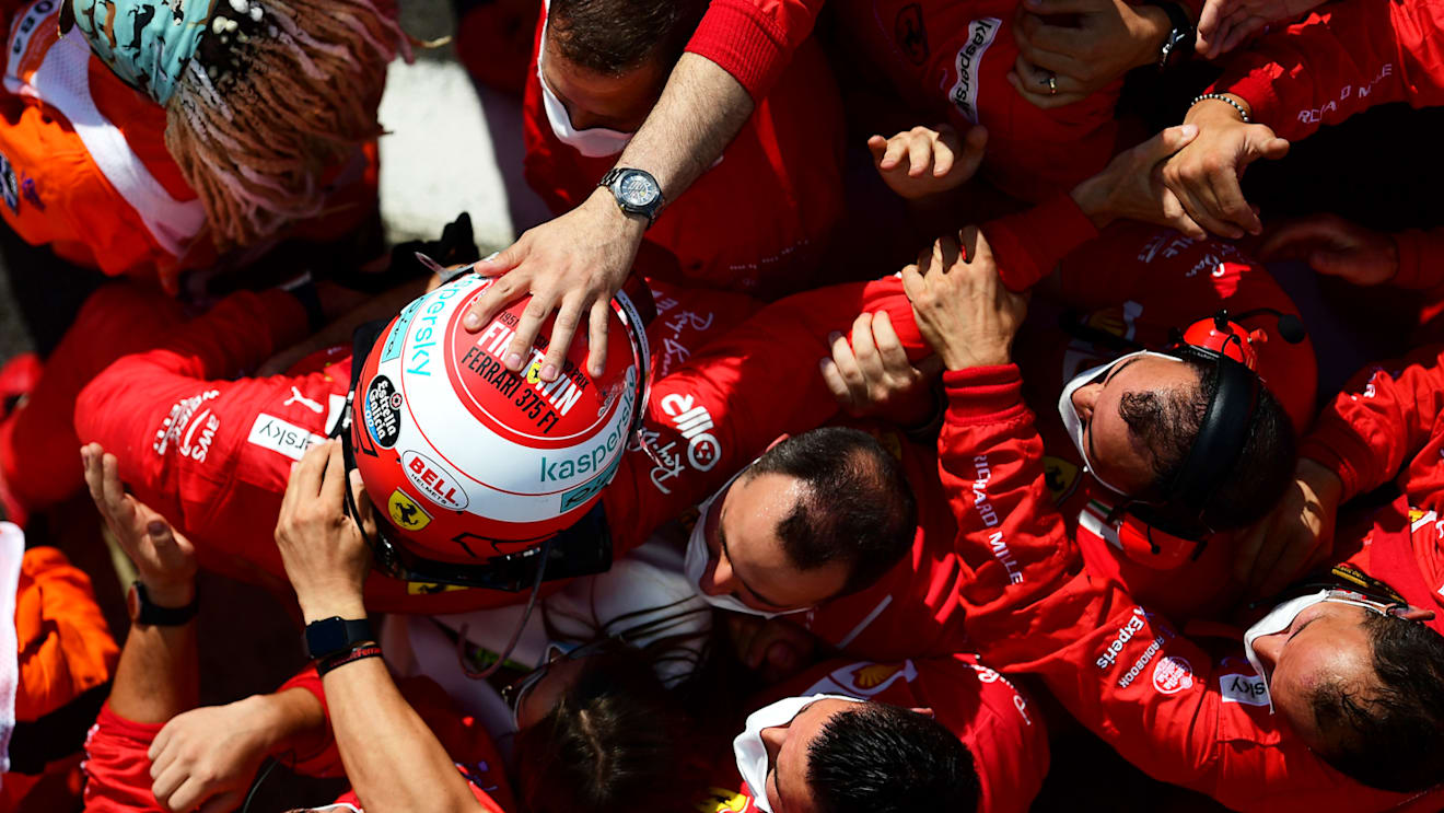 NORTHAMPTON, ENGLAND - JULY 18: Second placed Charles Leclerc of Monaco and Ferrari celebrates in parc ferme during the F1 Grand Prix of Great Britain at Silverstone on July 18, 2021 in Northampton, England. (Photo by Mario Renzi - Formula 1/Formula 1 via Getty Images)