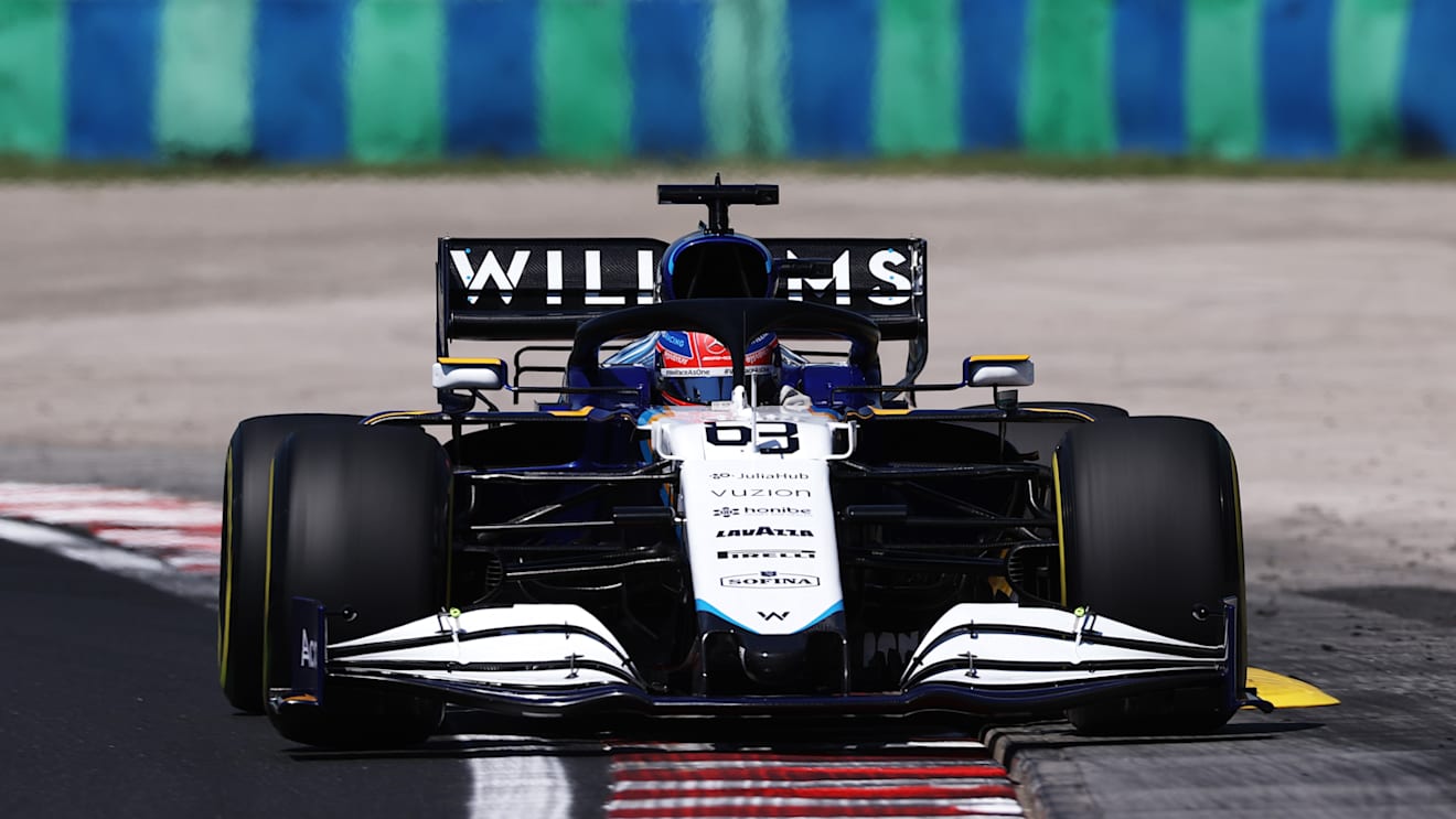 BUDAPEST, HUNGARY - JULY 30: George Russell of Great Britain driving the (63) Williams Racing FW43B Mercedes during practice ahead of the F1 Grand Prix of Hungary at Hungaroring on July 30, 2021 in Budapest, Hungary. (Photo by Lars Baron/Getty Images)