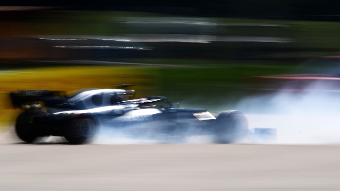 BUDAPEST, HUNGARY - JULY 30: Yuki Tsunoda of Japan driving the (22) Scuderia AlphaTauri AT02 Honda crashes during practice ahead of the F1 Grand Prix of Hungary at Hungaroring on July 30, 2021 in Budapest, Hungary. (Photo by Mario Renzi - Formula 1/Formula 1 via Getty Images)