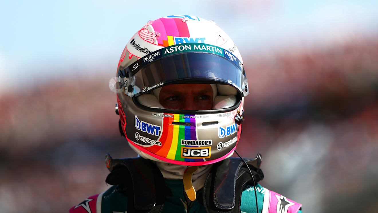 BUDAPEST, HUNGARY - JULY 31: Sebastian Vettel of Germany and Aston Martin F1 Team looks on in parc ferme during qualifying ahead of the F1 Grand Prix of Hungary at Hungaroring on July 31, 2021 in Budapest, Hungary. (Photo by Dan Istitene - Formula 1/Formula 1 via Getty Images)