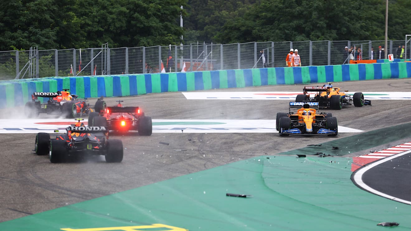 BUDAPEST, HUNGARY - AUGUST 01: A general view of the crash at the start during the F1 Grand Prix of Hungary at Hungaroring on August 01, 2021 in Budapest, Hungary. (Photo by Bryn Lennon/Getty Images)