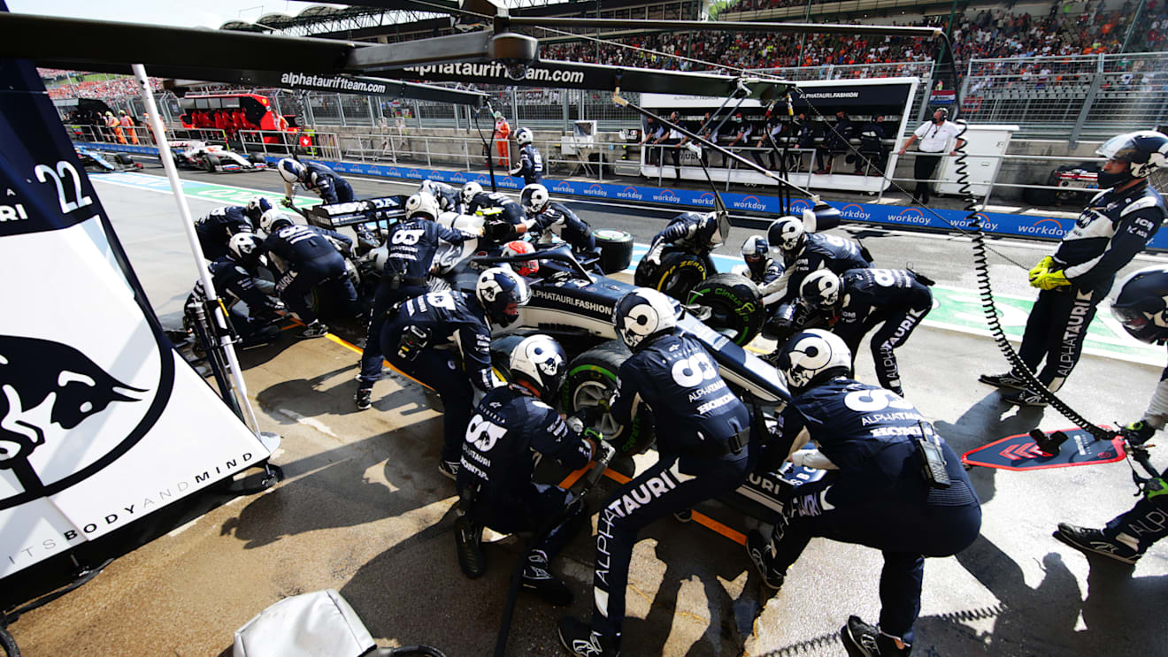 BUDAPEST, HUNGARY - AUGUST 01: Pierre Gasly of France driving the (10) Scuderia AlphaTauri AT02 Honda makes a pitstop during the F1 Grand Prix of Hungary at Hungaroring on August 01, 2021 in Budapest, Hungary. (Photo by Peter Fox/Getty Images)