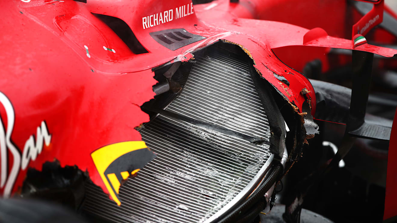 BUDAPEST, HUNGARY - AUGUST 01: A detail shot of the damage to the car of Charles Leclerc of Monaco and Ferrari following a crash during the F1 Grand Prix of Hungary at Hungaroring on August 01, 2021 in Budapest, Hungary. (Photo by Joe Portlock - Formula 1/Formula 1 via Getty Images)