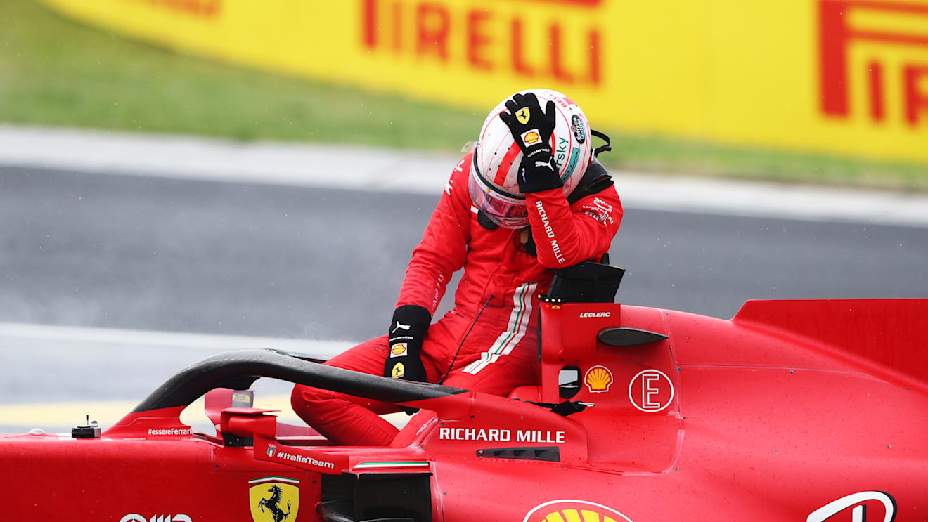 BUDAPEST, HUNGARY - AUGUST 01: Charles Leclerc of Monaco and Ferrari retires from the race during the F1 Grand Prix of Hungary at Hungaroring on August 01, 2021 in Budapest, Hungary. (Photo by Joe Portlock - Formula 1/Formula 1 via Getty Images)