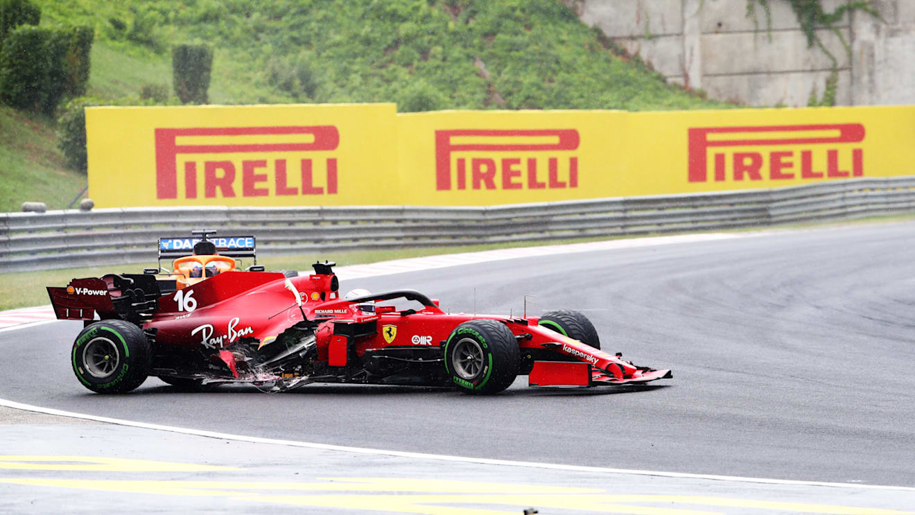 BUDAPEST, HUNGARY - AUGUST 01: Charles Leclerc of Monaco and Ferrari retires from the race during the F1 Grand Prix of Hungary at Hungaroring on August 01, 2021 in Budapest, Hungary. (Photo by Joe Portlock - Formula 1/Formula 1 via Getty Images)