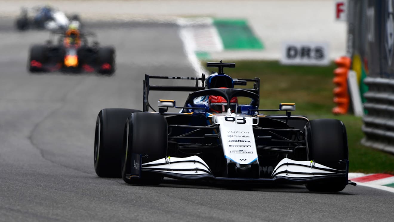 MONZA, ITALY - SEPTEMBER 10: George Russell of Great Britain driving the (63) Williams Racing FW43B Mercedes during practice ahead of the F1 Grand Prix of Italy at Autodromo di Monza on September 10, 2021 in Monza, Italy. (Photo by Rudy Carezzevoli/Getty Images)