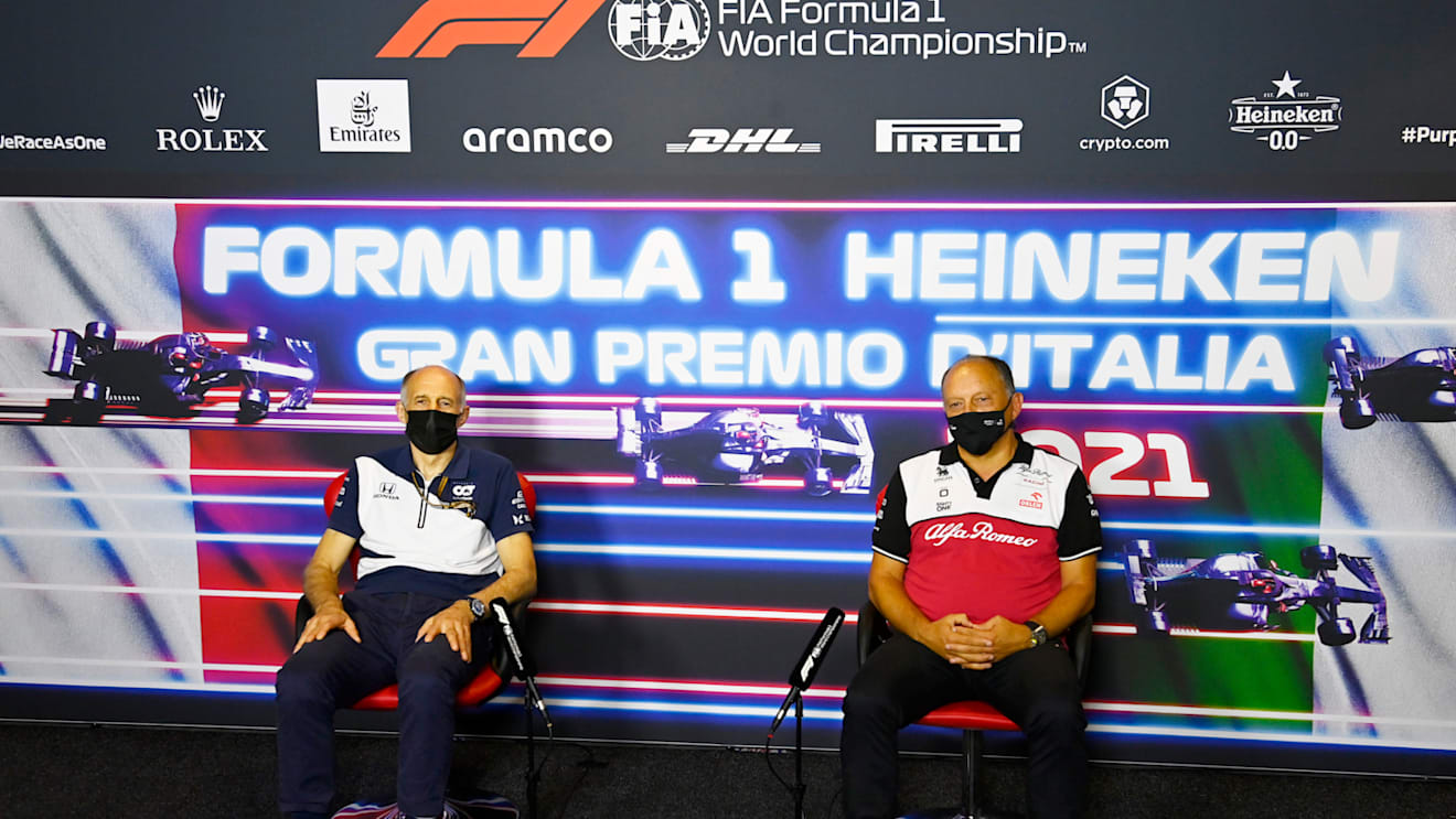 MONZA, ITALY - SEPTEMBER 10: Scuderia AlphaTauri Team Principal Franz Tost and Alfa Romeo Racing Team Principal Frederic Vasseur talk in the Team Principals Press Conference during practice ahead of the F1 Grand Prix of Italy at Autodromo di Monza on September 10, 2021 in Monza, Italy. (Photo by Mark Sutton - Pool/Getty Images)