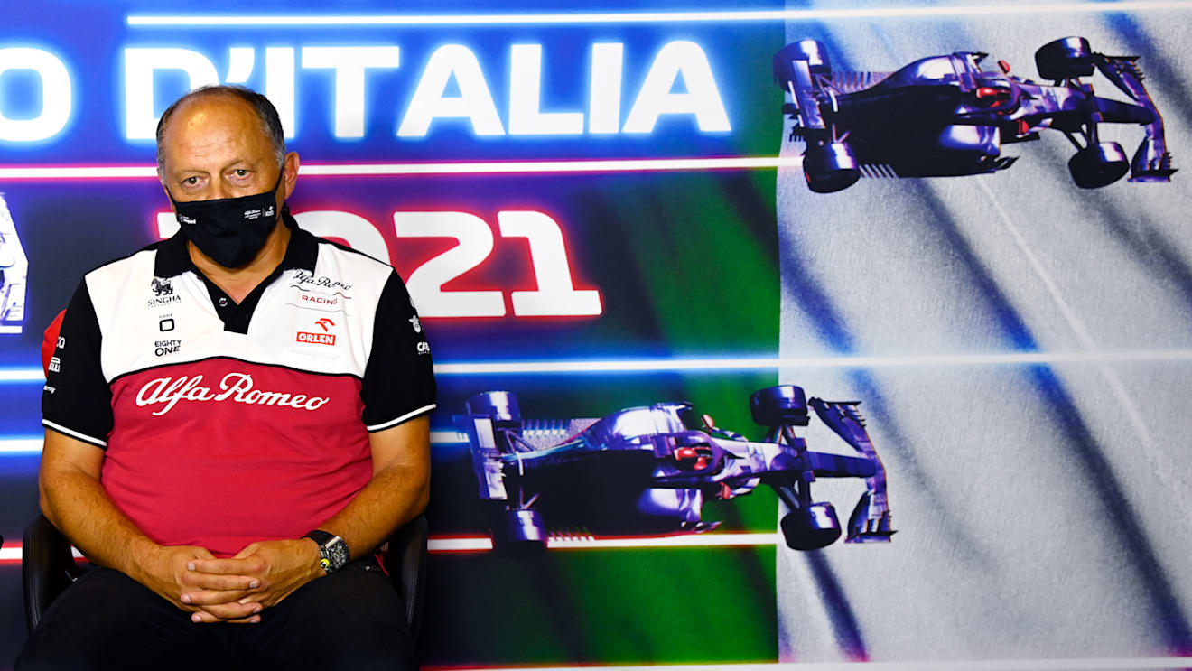 MONZA, ITALY - SEPTEMBER 10: Alfa Romeo Racing Team Principal Frederic Vasseur talks in the Team Principals Press Conference during practice ahead of the F1 Grand Prix of Italy at Autodromo di Monza on September 10, 2021 in Monza, Italy. (Photo by Mark Sutton - Pool/Getty Images)