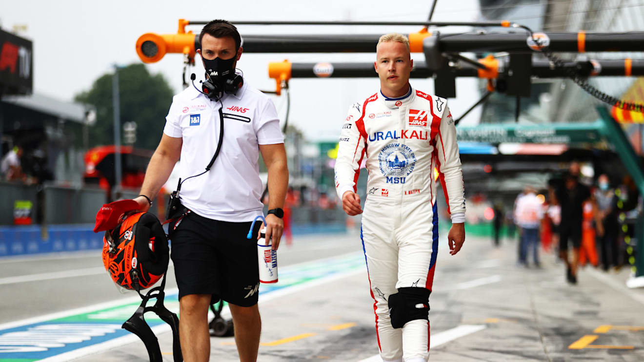 MONZA, ITALY - SEPTEMBER 10: Nikita Mazepin of Russia and Haas F1 walks in the Pitlane during qualifying ahead of the F1 Grand Prix of Italy at Autodromo di Monza on September 10, 2021 in Monza, Italy. (Photo by Bryn Lennon/Getty Images)