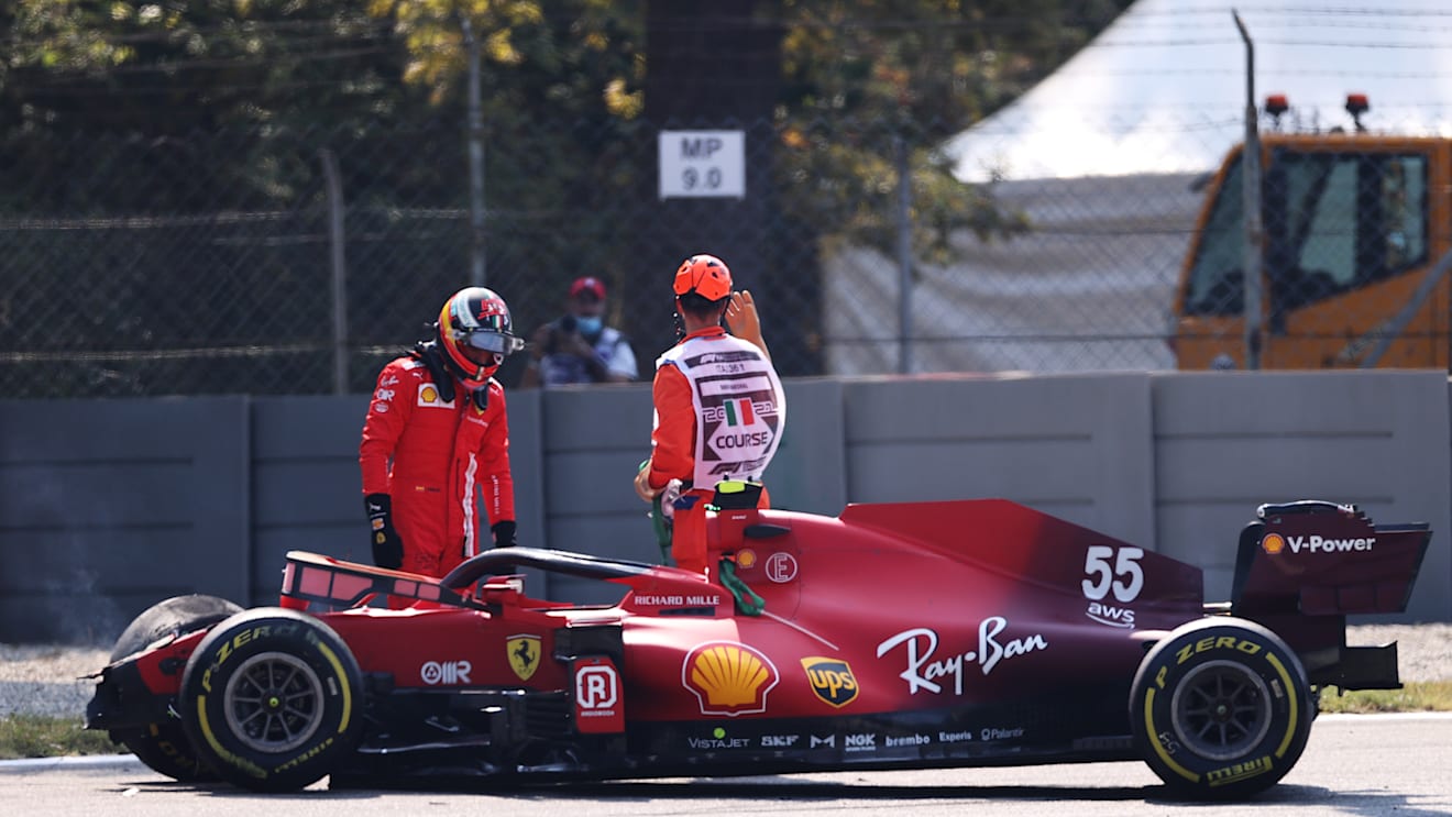 MONZA, ITALY - SEPTEMBER 11: Carlos Sainz of Spain and Ferrari looks on after a crash during practice ahead of the F1 Grand Prix of Italy at Autodromo di Monza on September 11, 2021 in Monza, Italy. (Photo by Lars Baron/Getty Images)